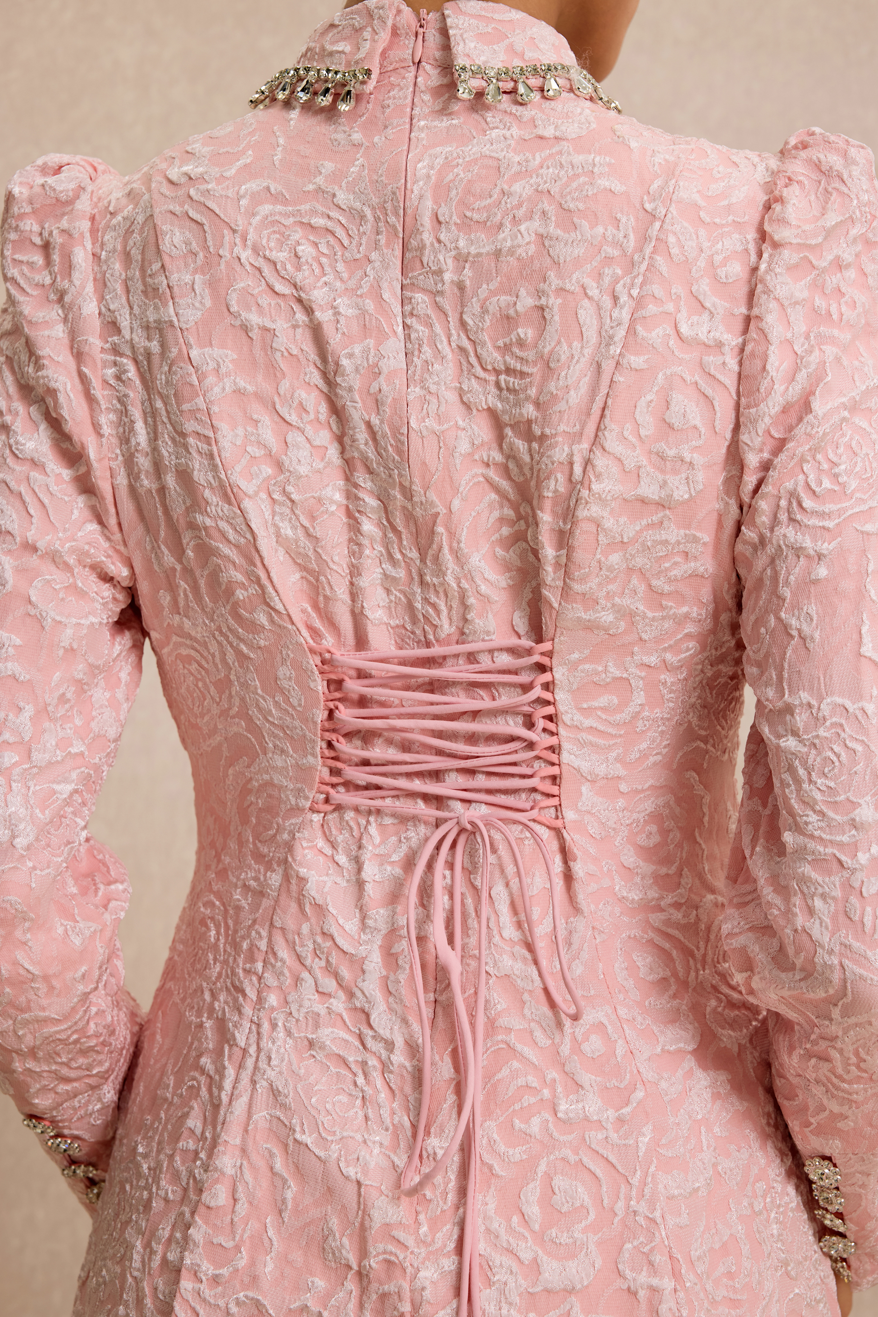 Jacquard Rhinestone Tie-Up Midi Dress