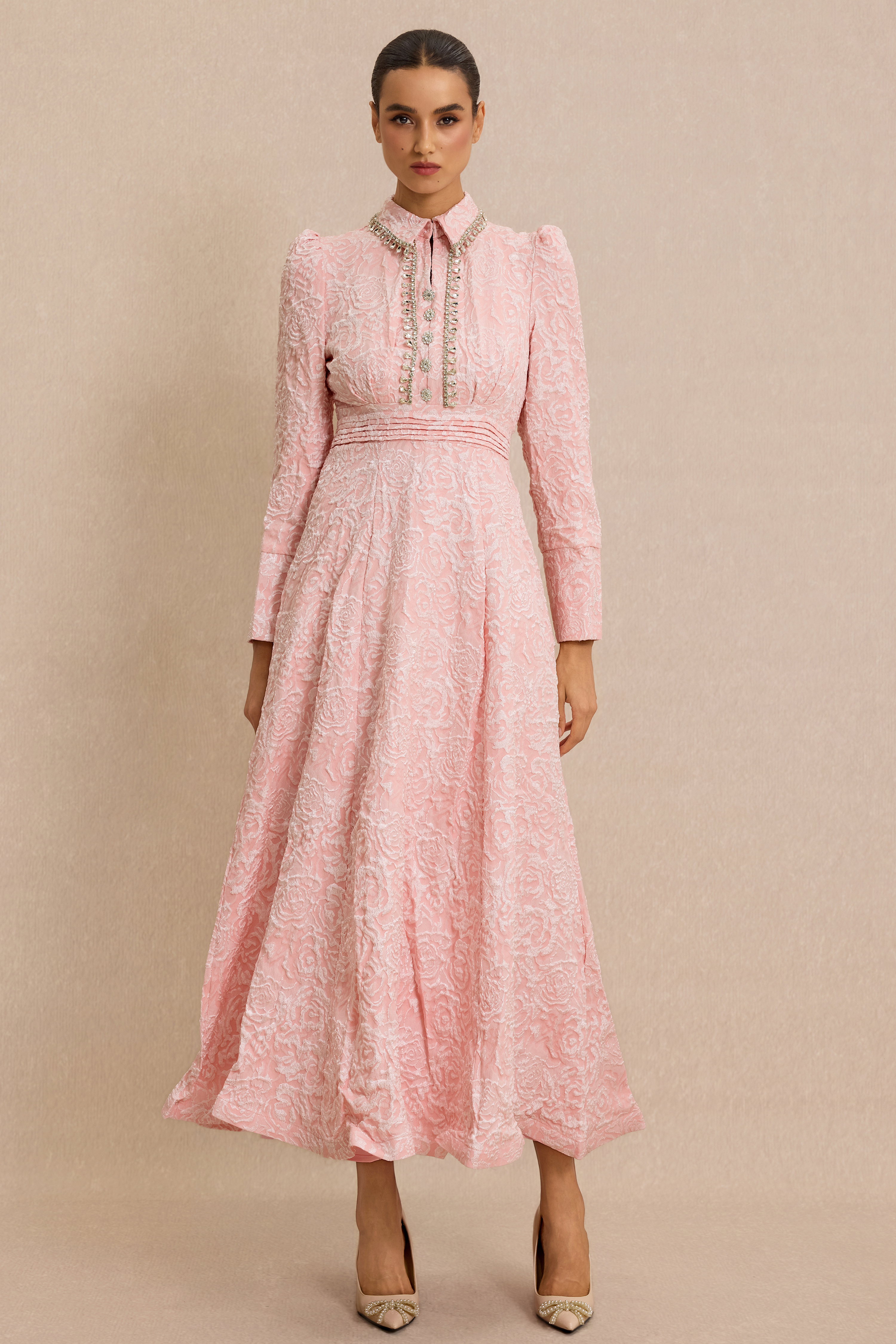 Jacquard Rhinestone Tie-Up Midi Dress