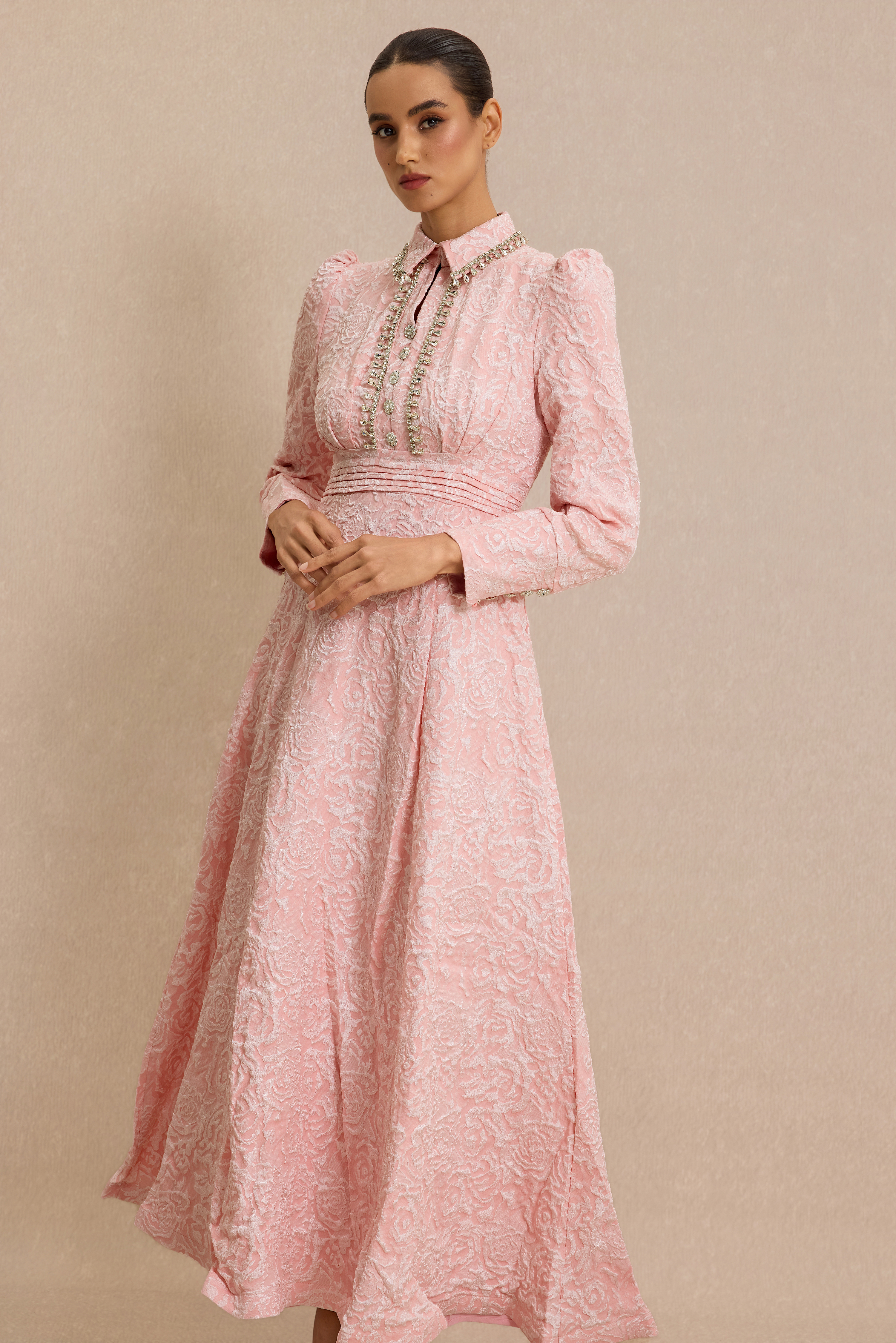 Jacquard Rhinestone Tie-Up Midi Dress