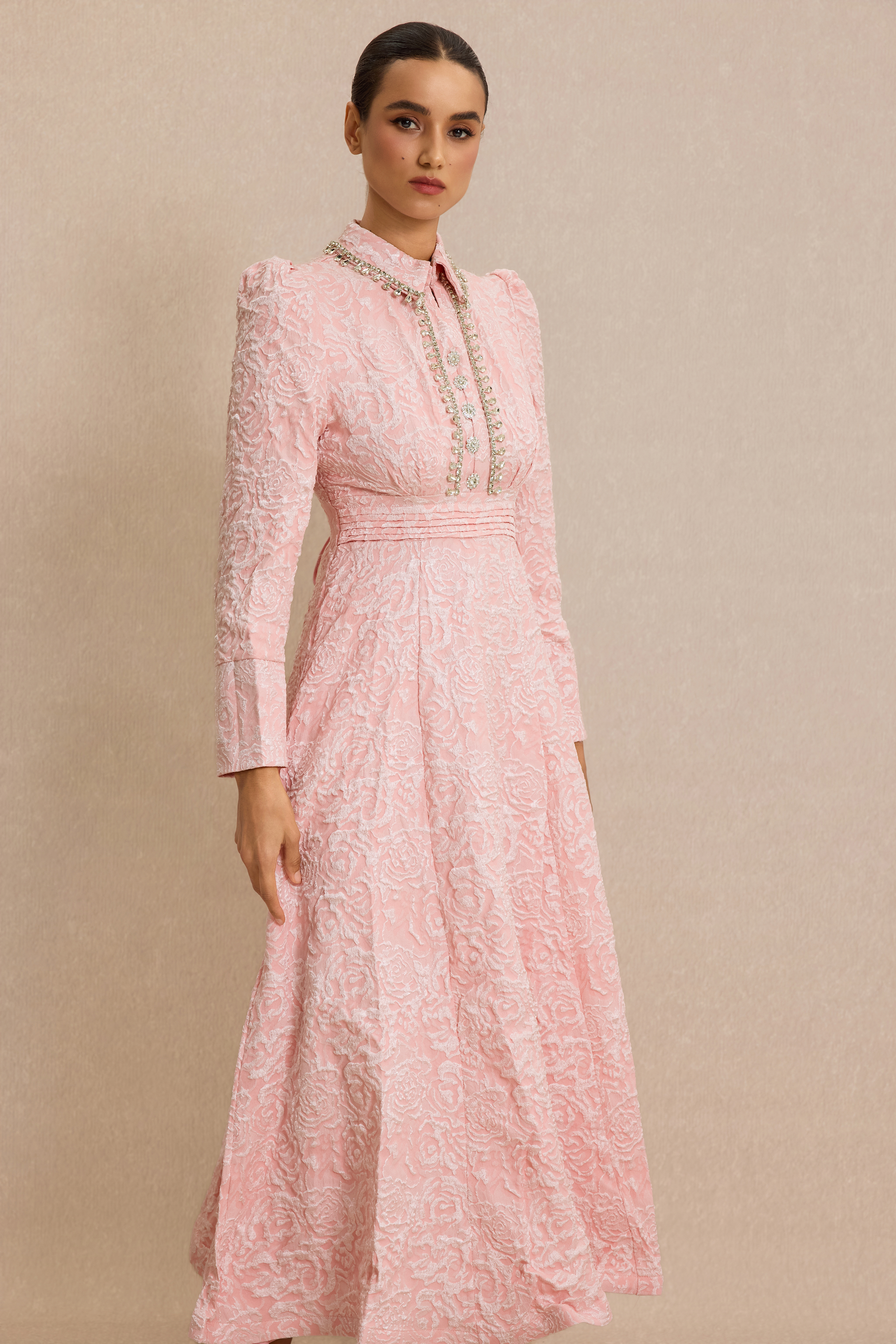 Jacquard Rhinestone Tie-Up Midi Dress