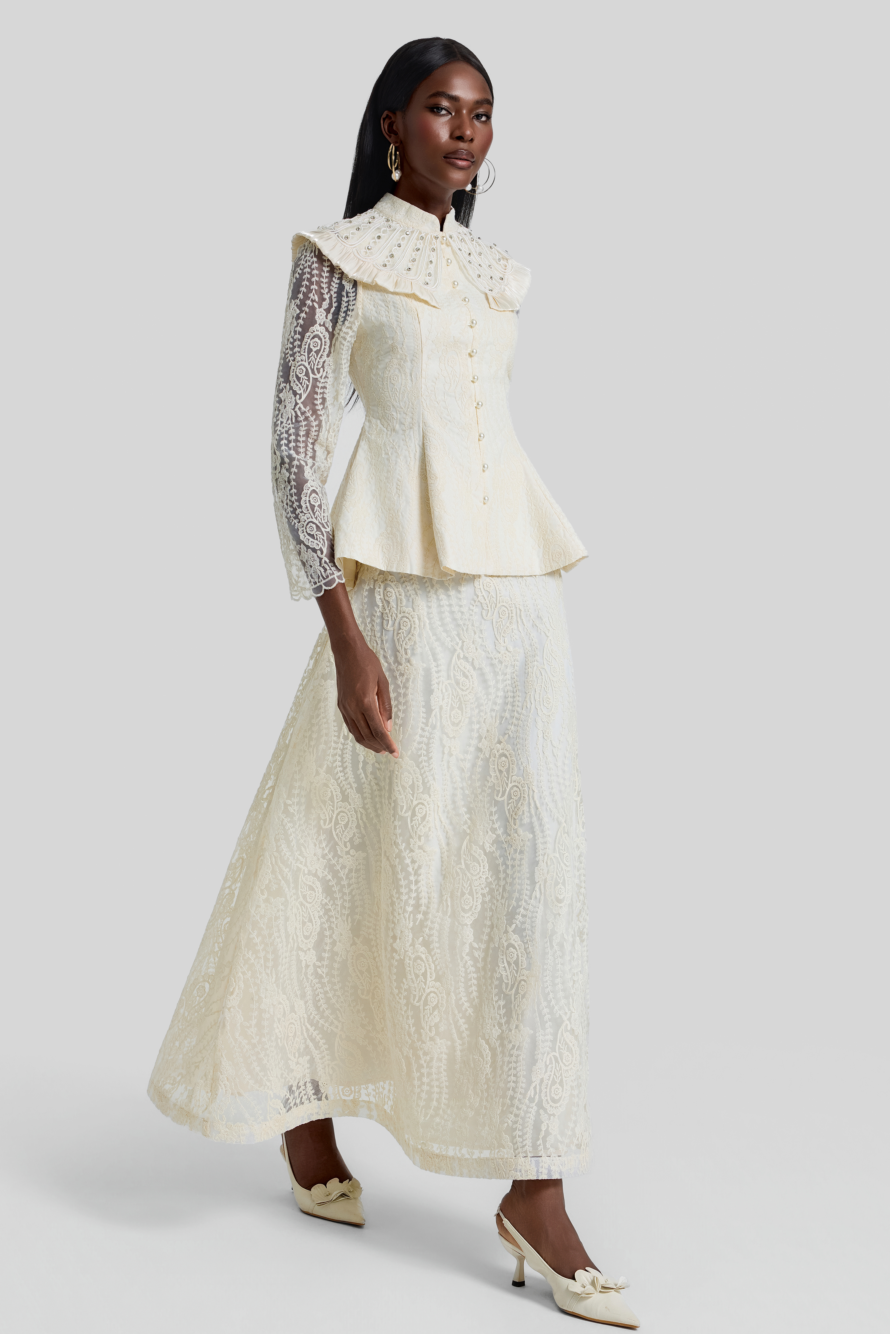 Rhinestone Ruffle Button Top & High Waist Maxi Skirt Set