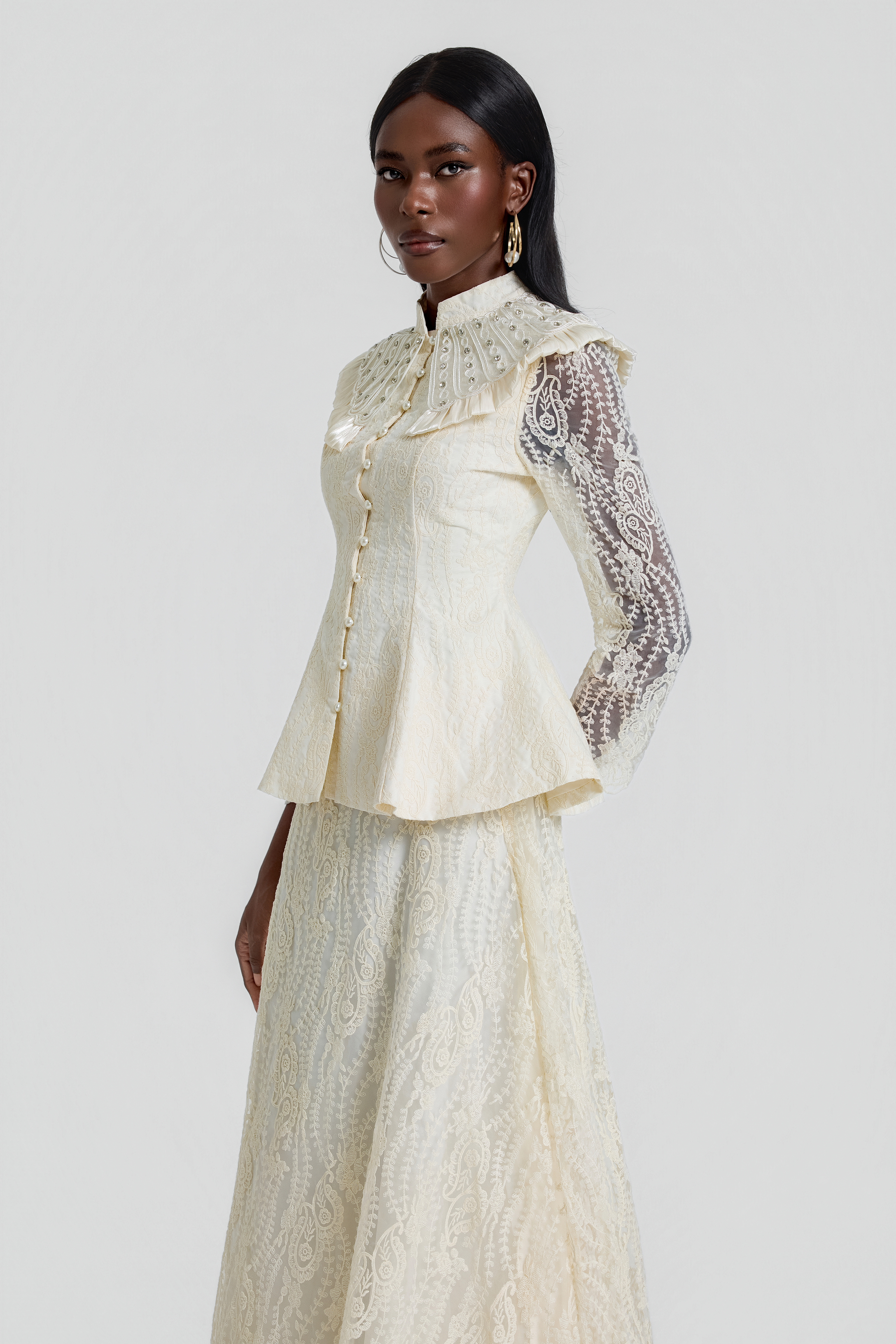 Rhinestone Ruffle Button Top & High Waist Maxi Skirt Set