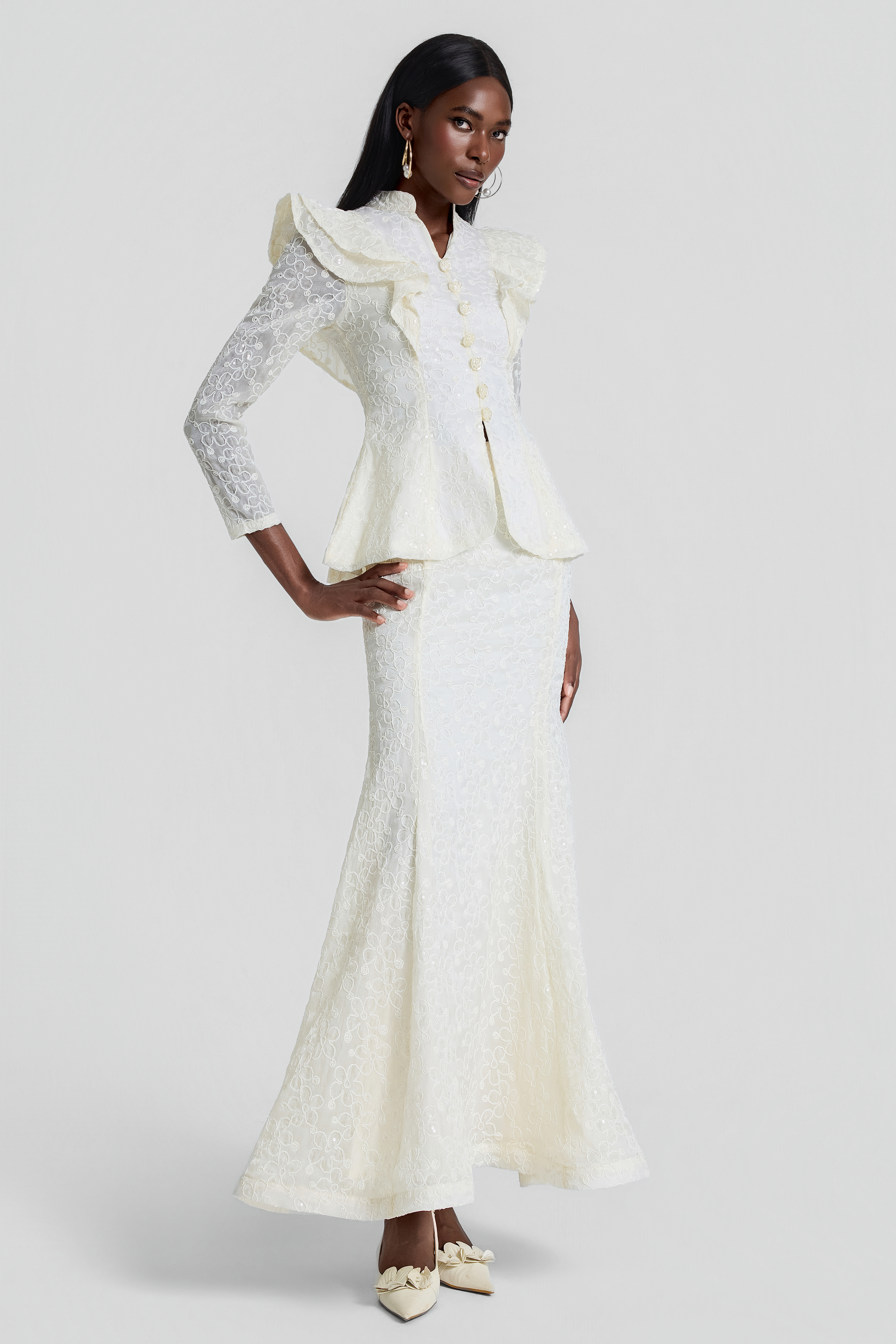 Embroidered Ruffle Top & High Waist Maxi Skirt Set
