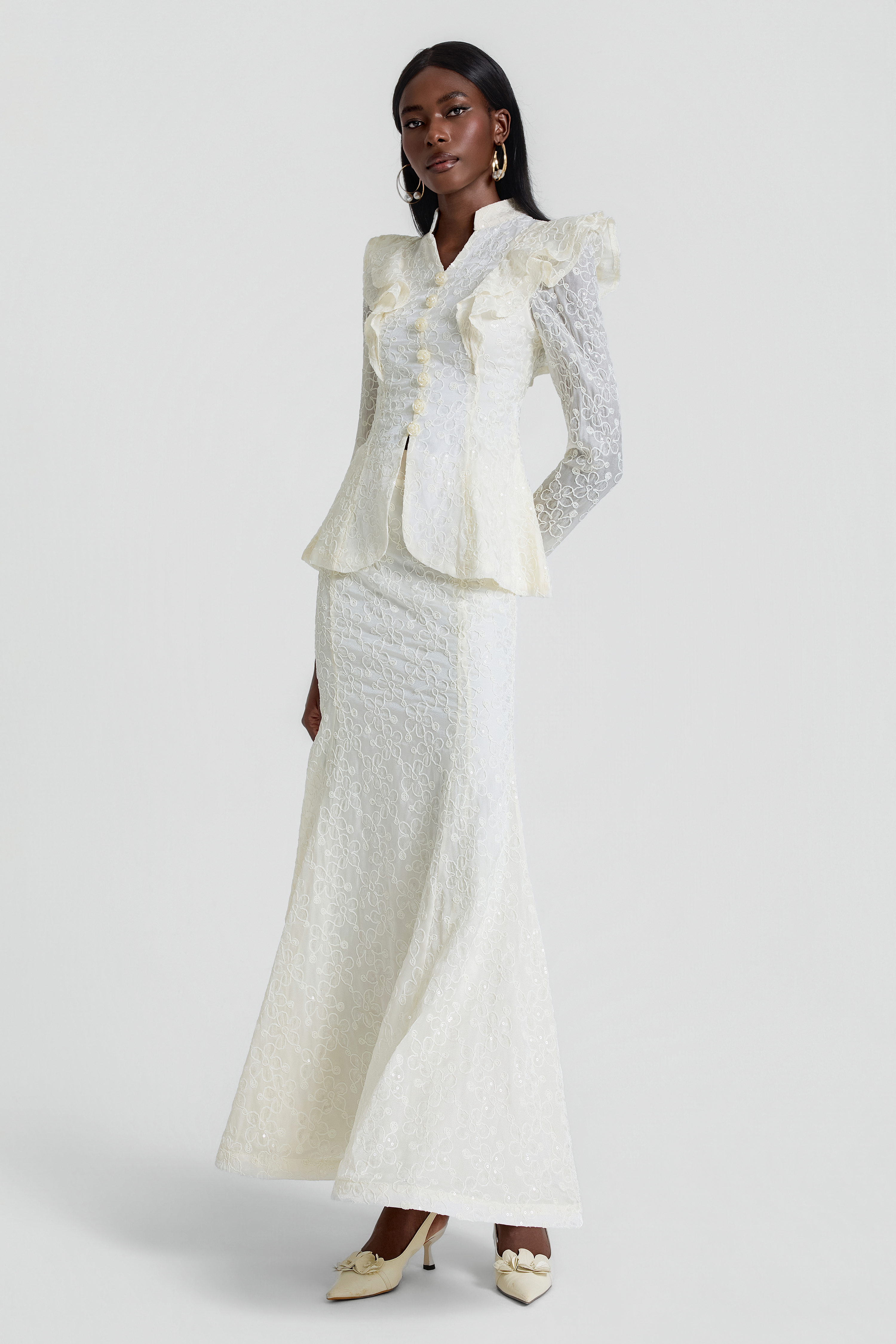 Embroidered Ruffle Top & High Waist Maxi Skirt Set