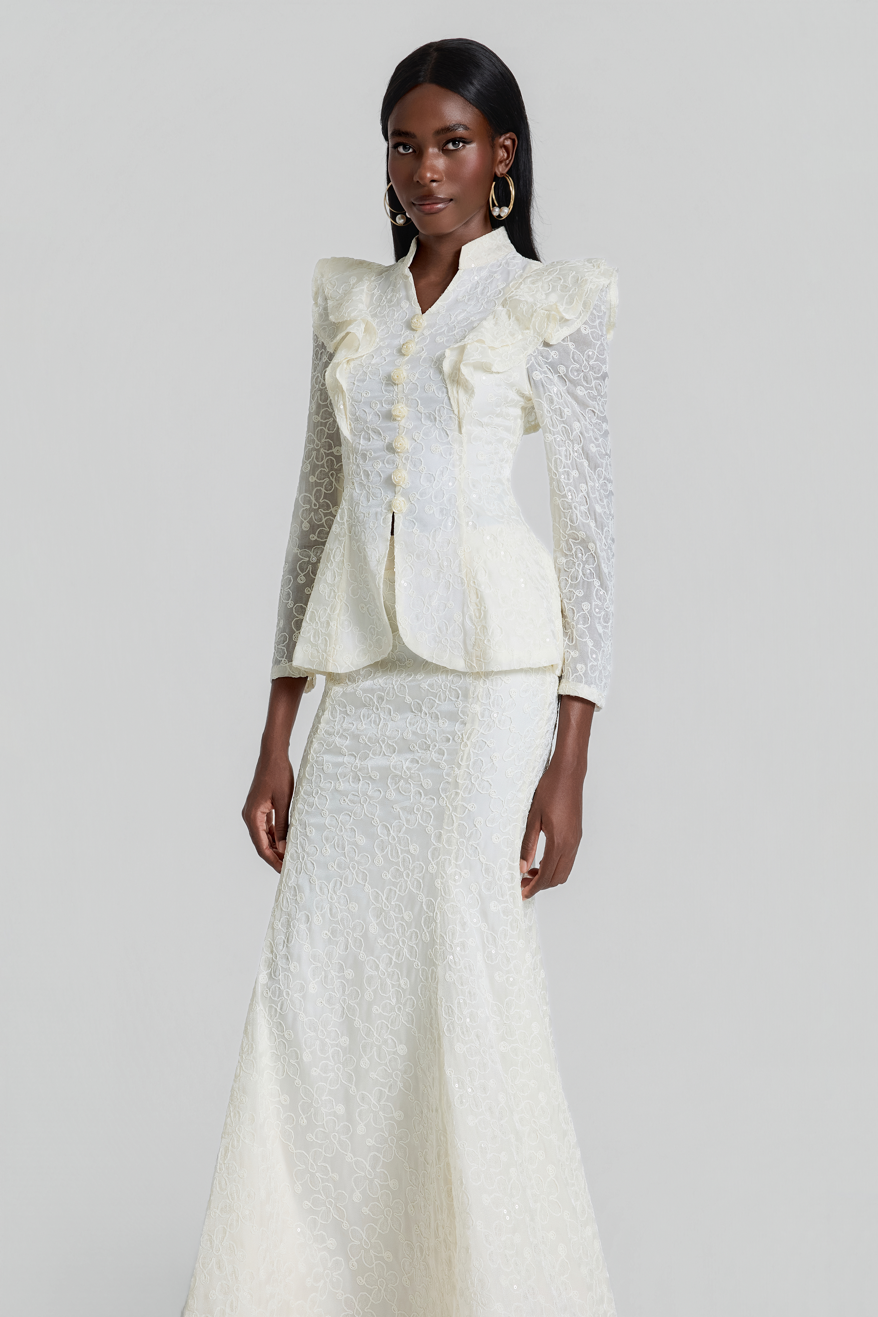 Embroidered Ruffle Top & High Waist Maxi Skirt Set