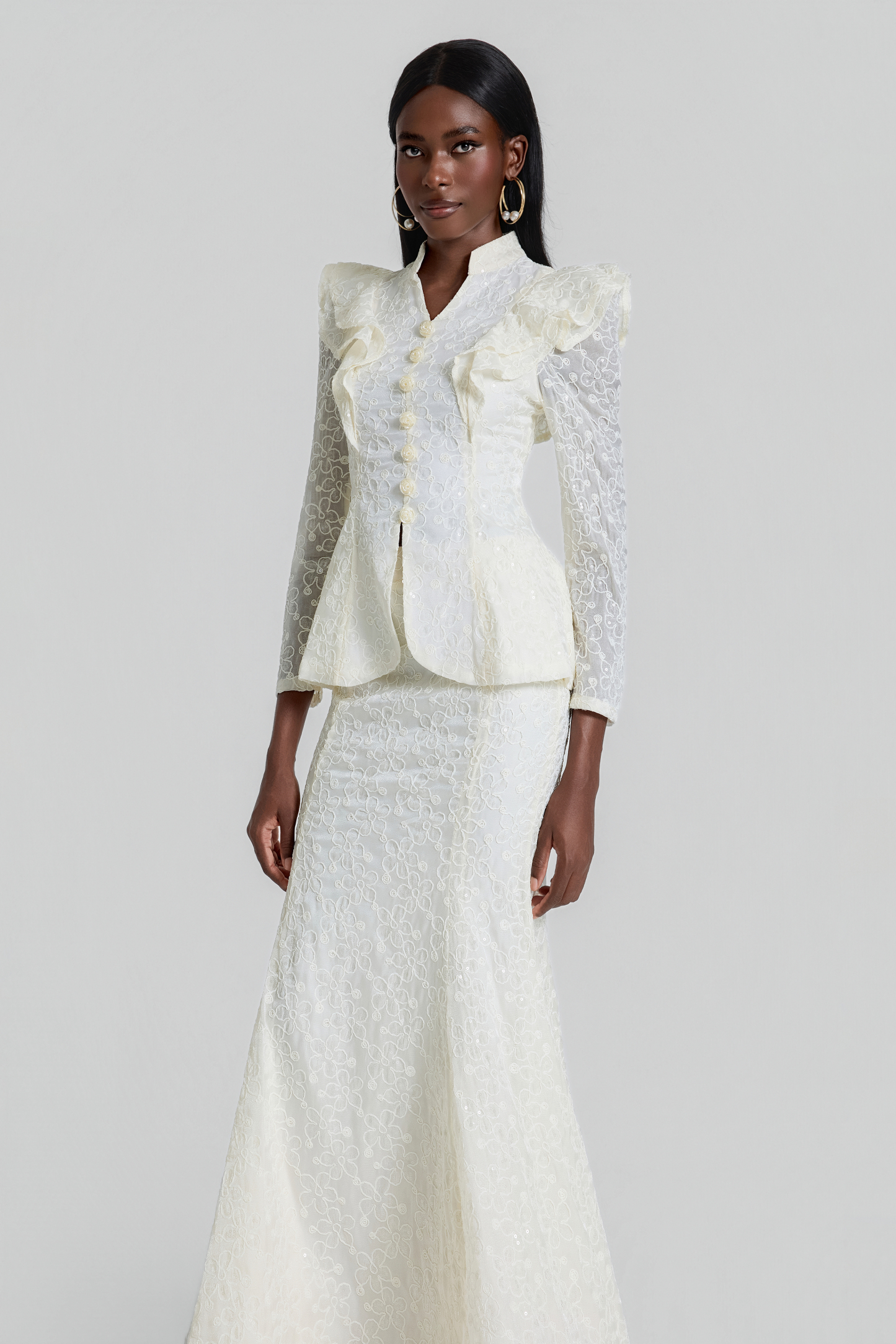 Embroidered Ruffle Top & High Waist Maxi Skirt Set