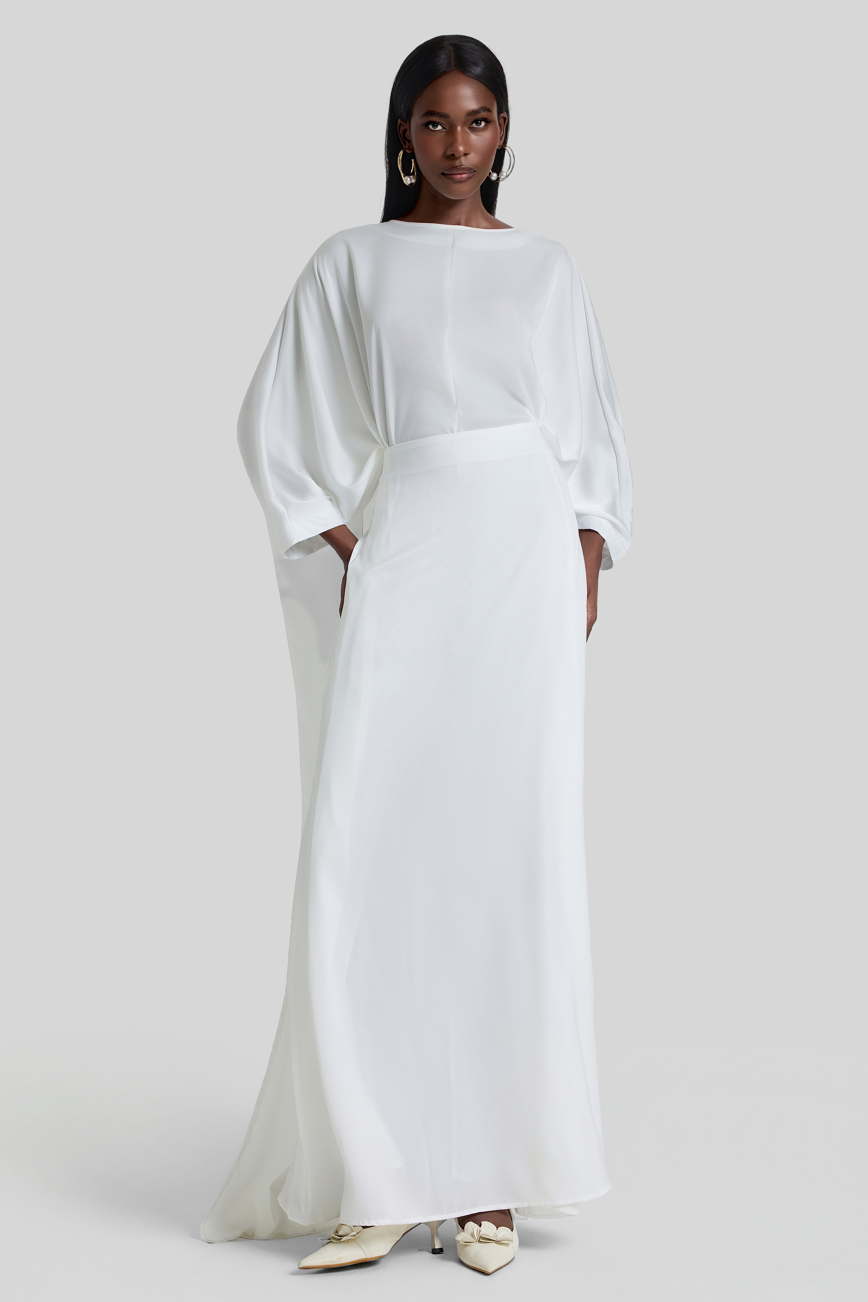 Satin Batwing Sleeve Top & High Waist Maxi Skirt Set