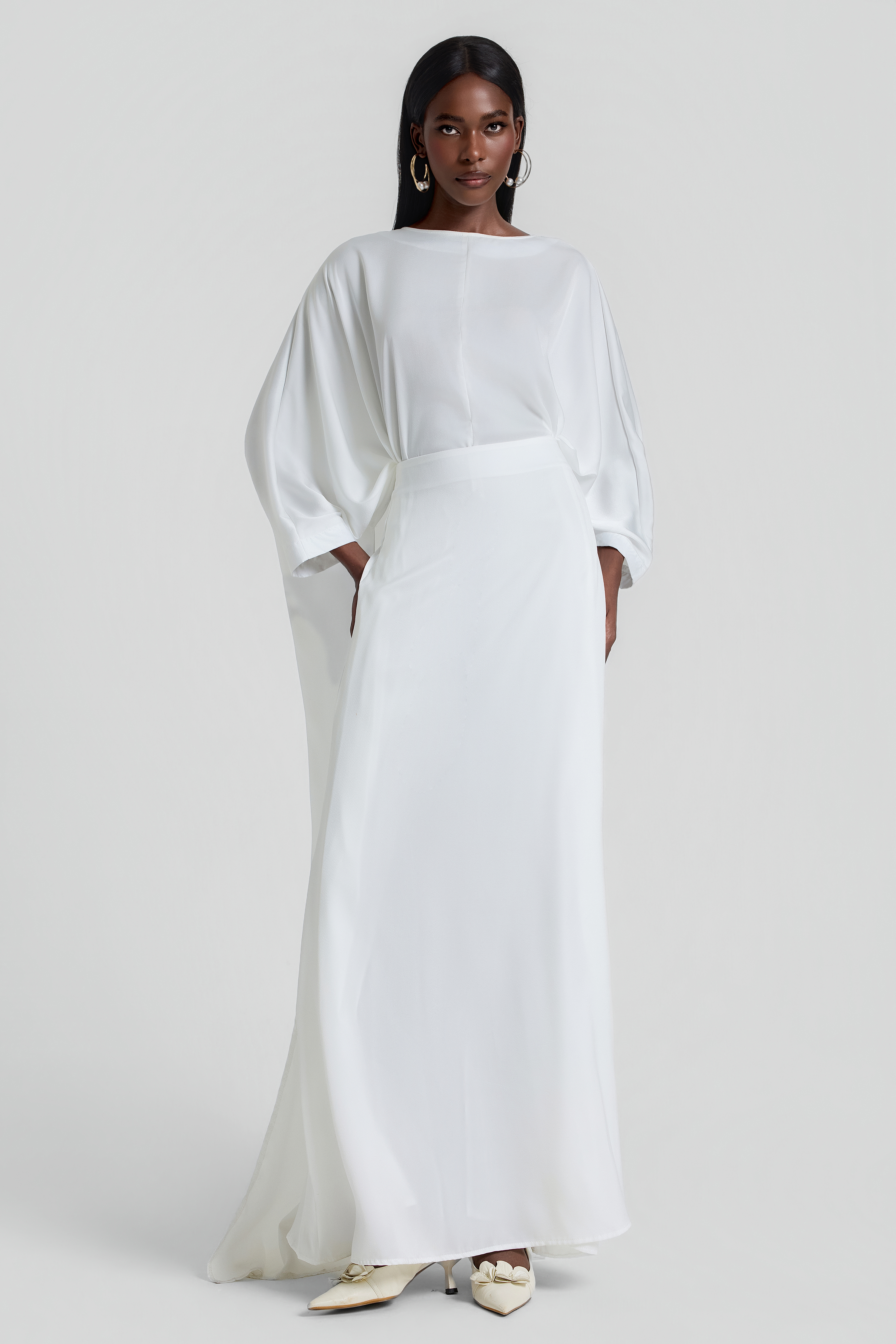 Satin Batwing Sleeve Top & High Waist Maxi Skirt Set