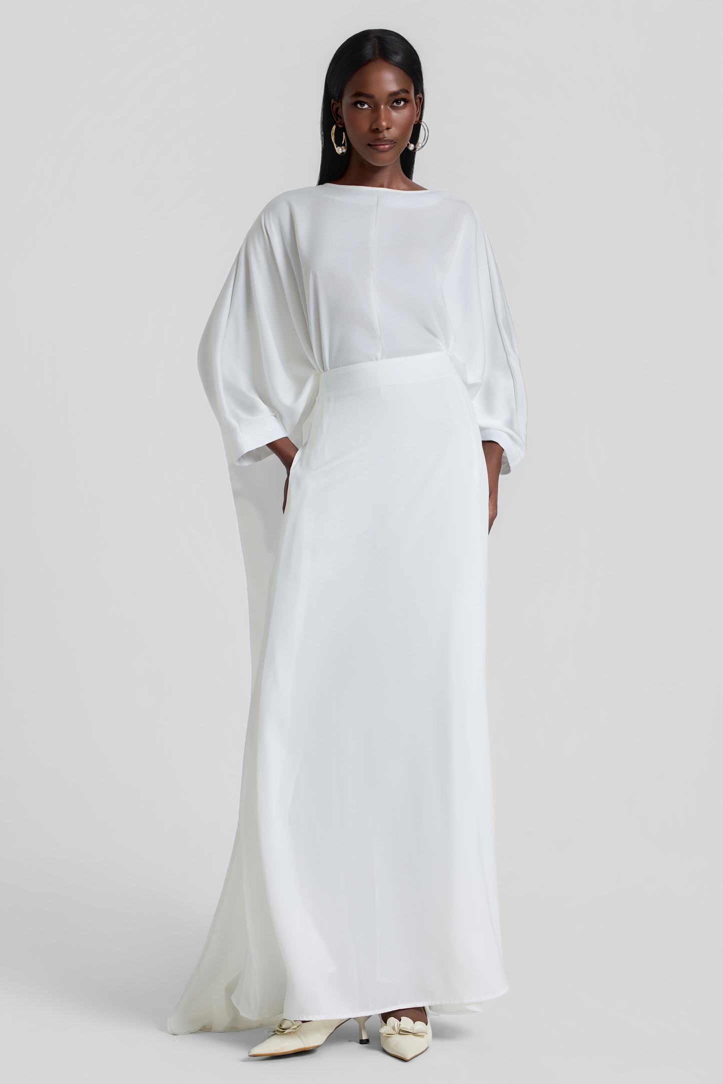 Satin Batwing Sleeve Top & High Waist Maxi Skirt Set