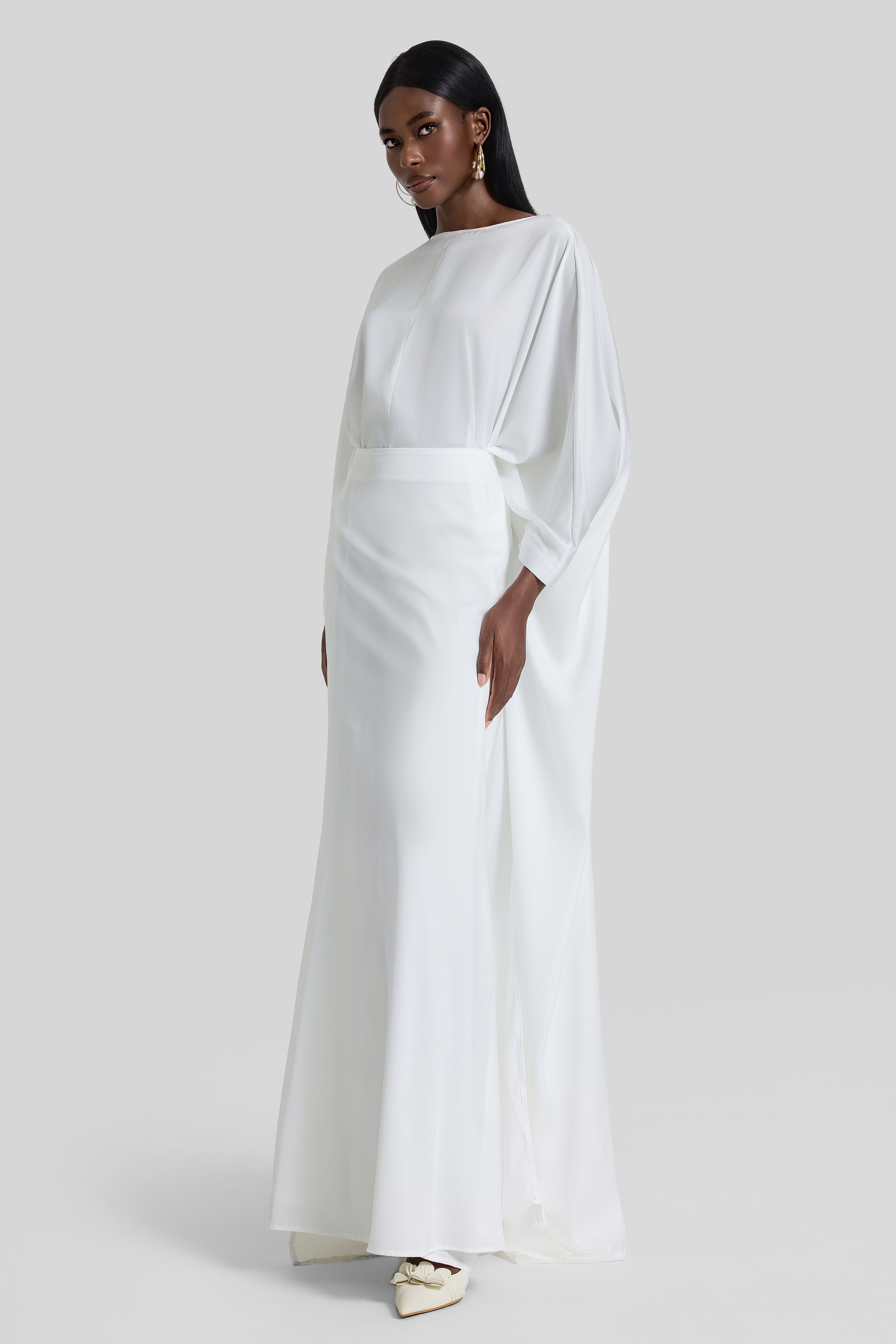 Satin Batwing Sleeve Top & High Waist Maxi Skirt Set