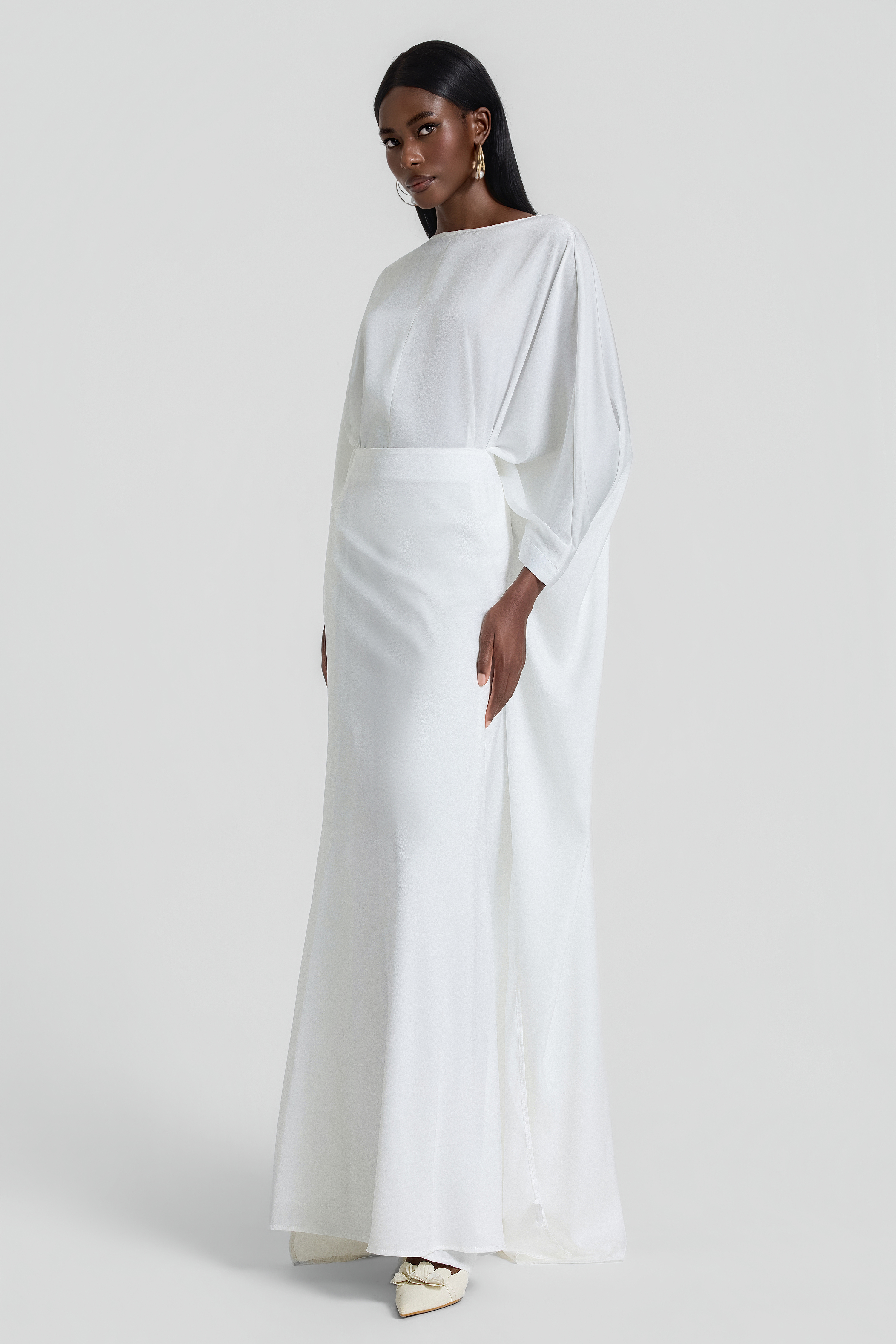 Satin Batwing Sleeve Top & High Waist Maxi Skirt Set