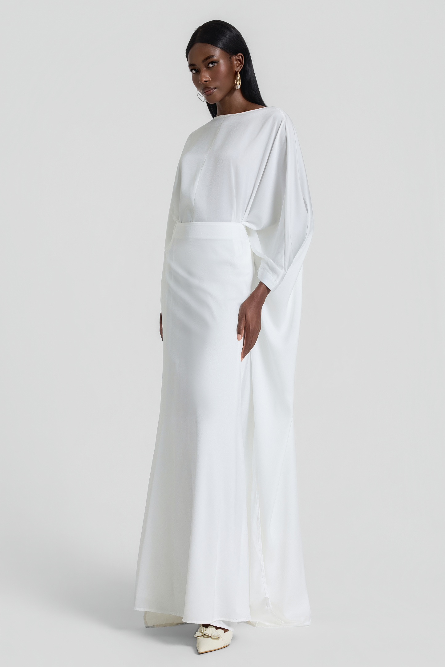 Satin Batwing Sleeve Top & High Waist Maxi Skirt Set