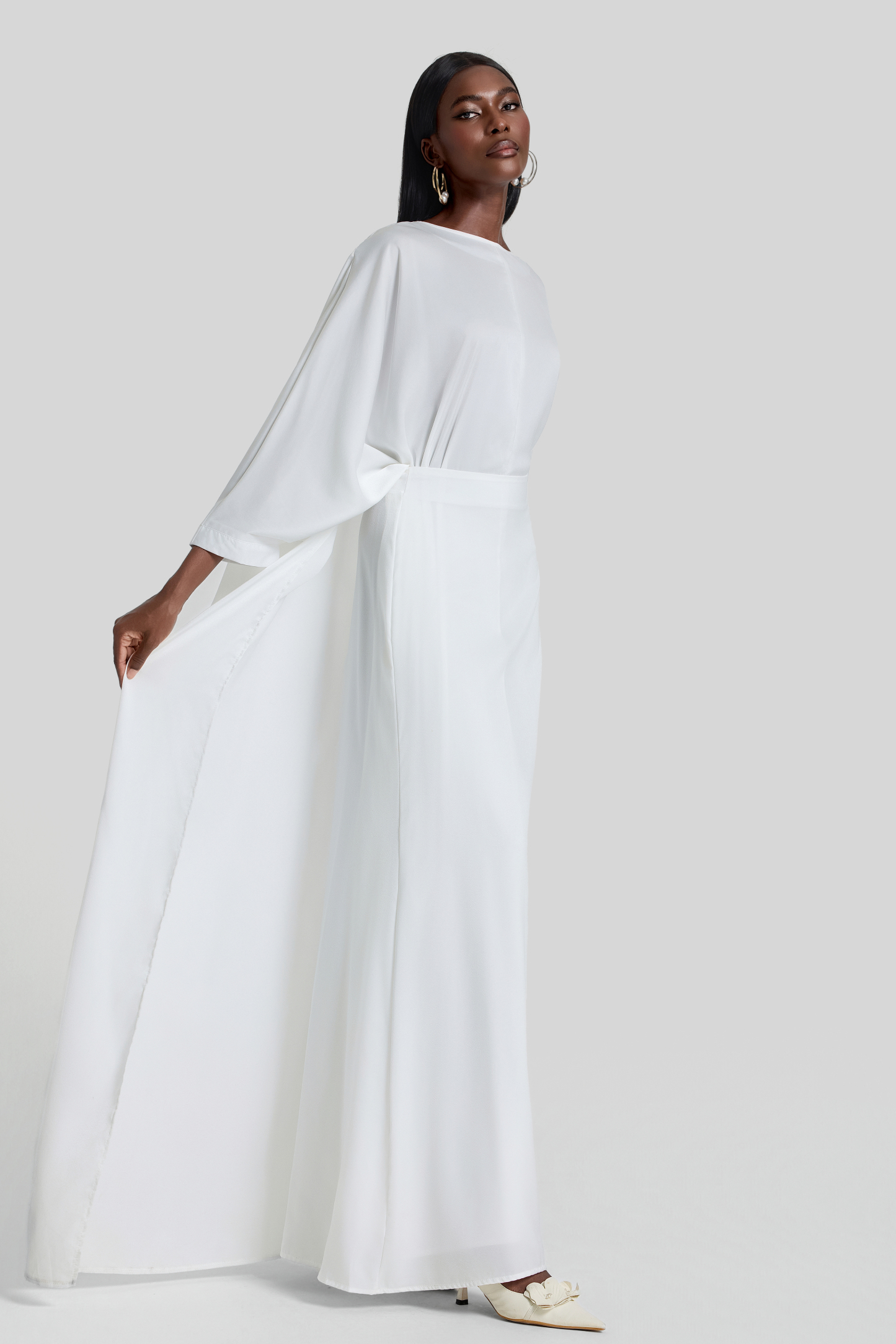 Satin Batwing Sleeve Top & High Waist Maxi Skirt Set