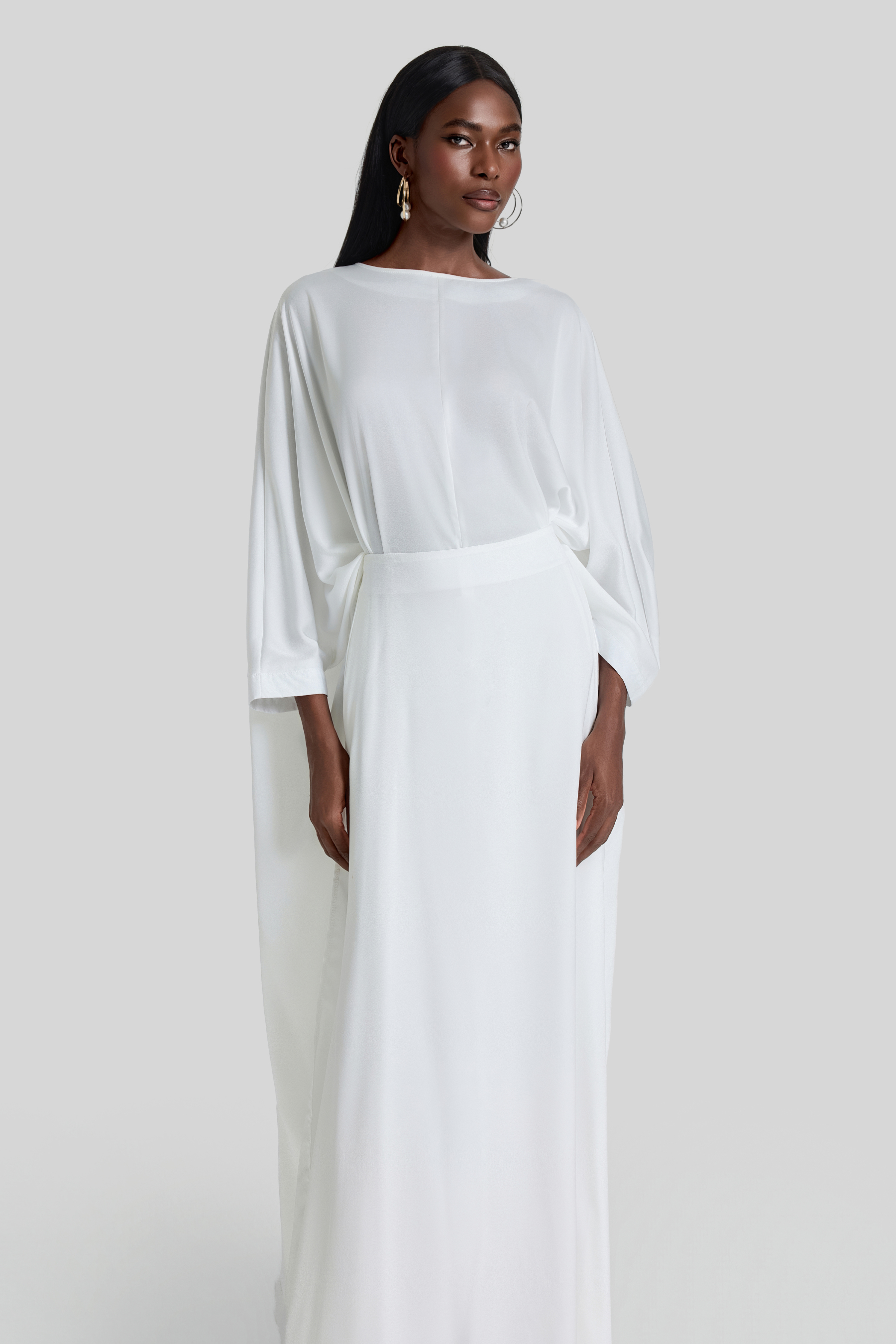 Satin Batwing Sleeve Top & High Waist Maxi Skirt Set