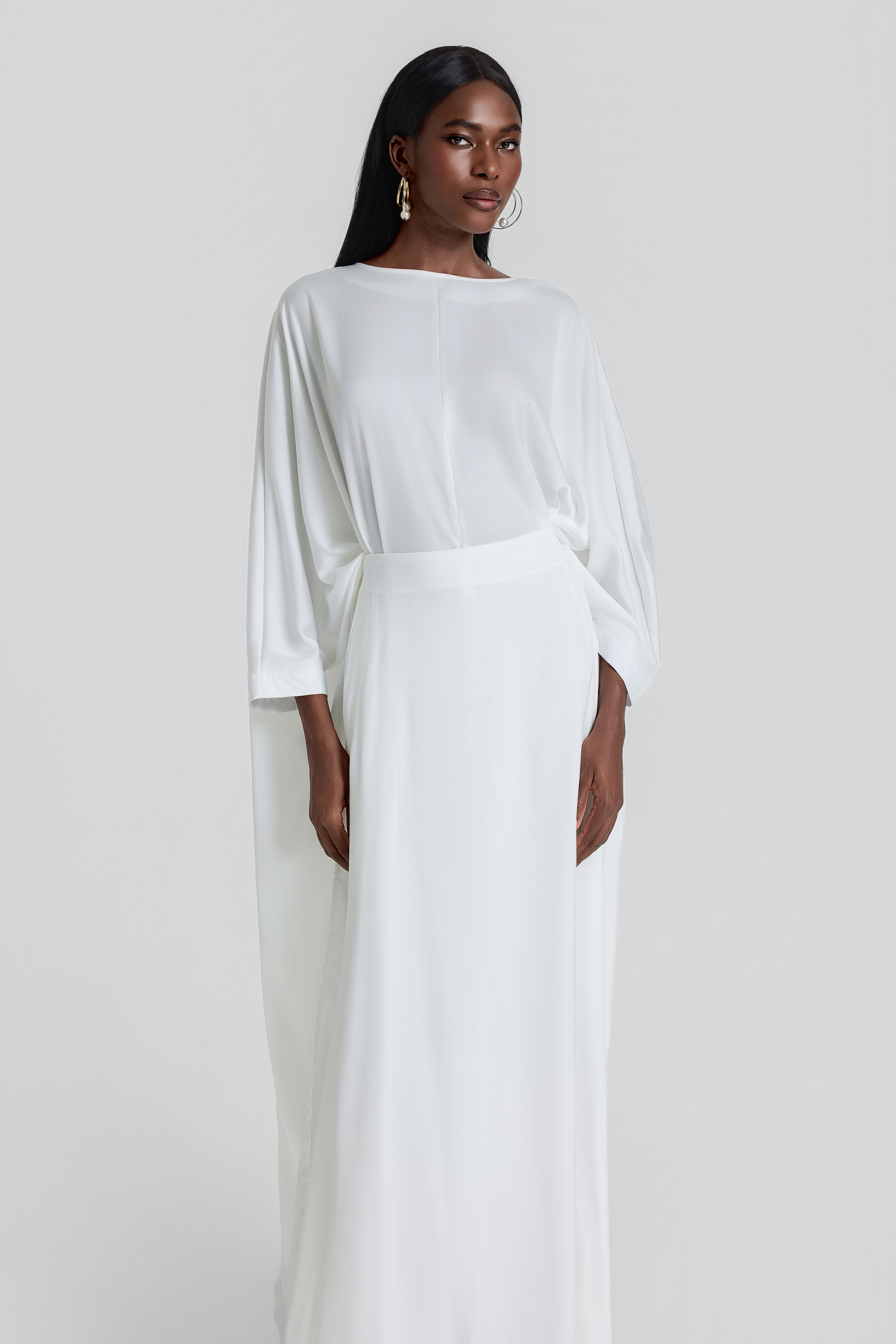 Satin Batwing Sleeve Top & High Waist Maxi Skirt Set
