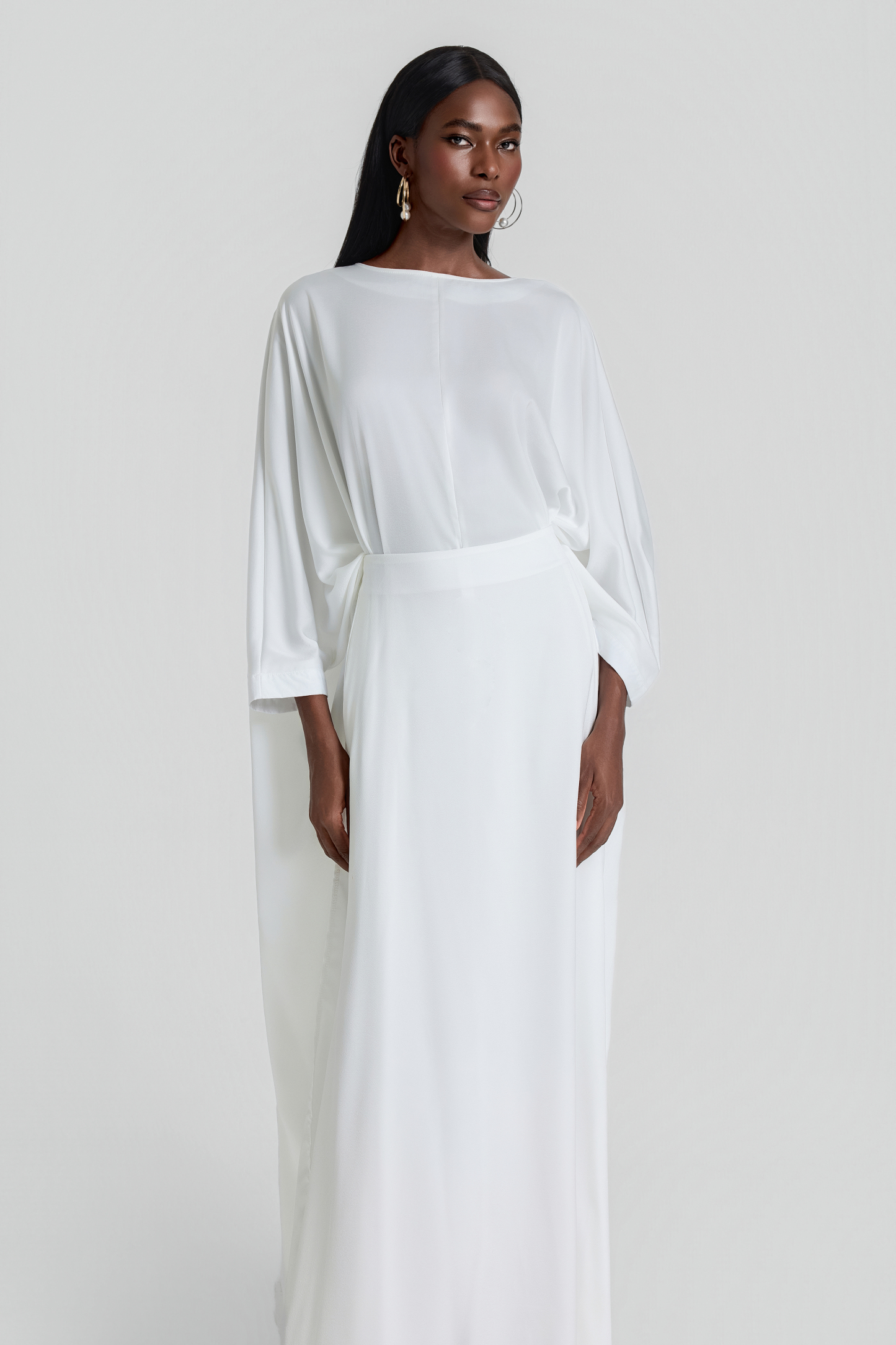 Satin Batwing Sleeve Top & High Waist Maxi Skirt Set
