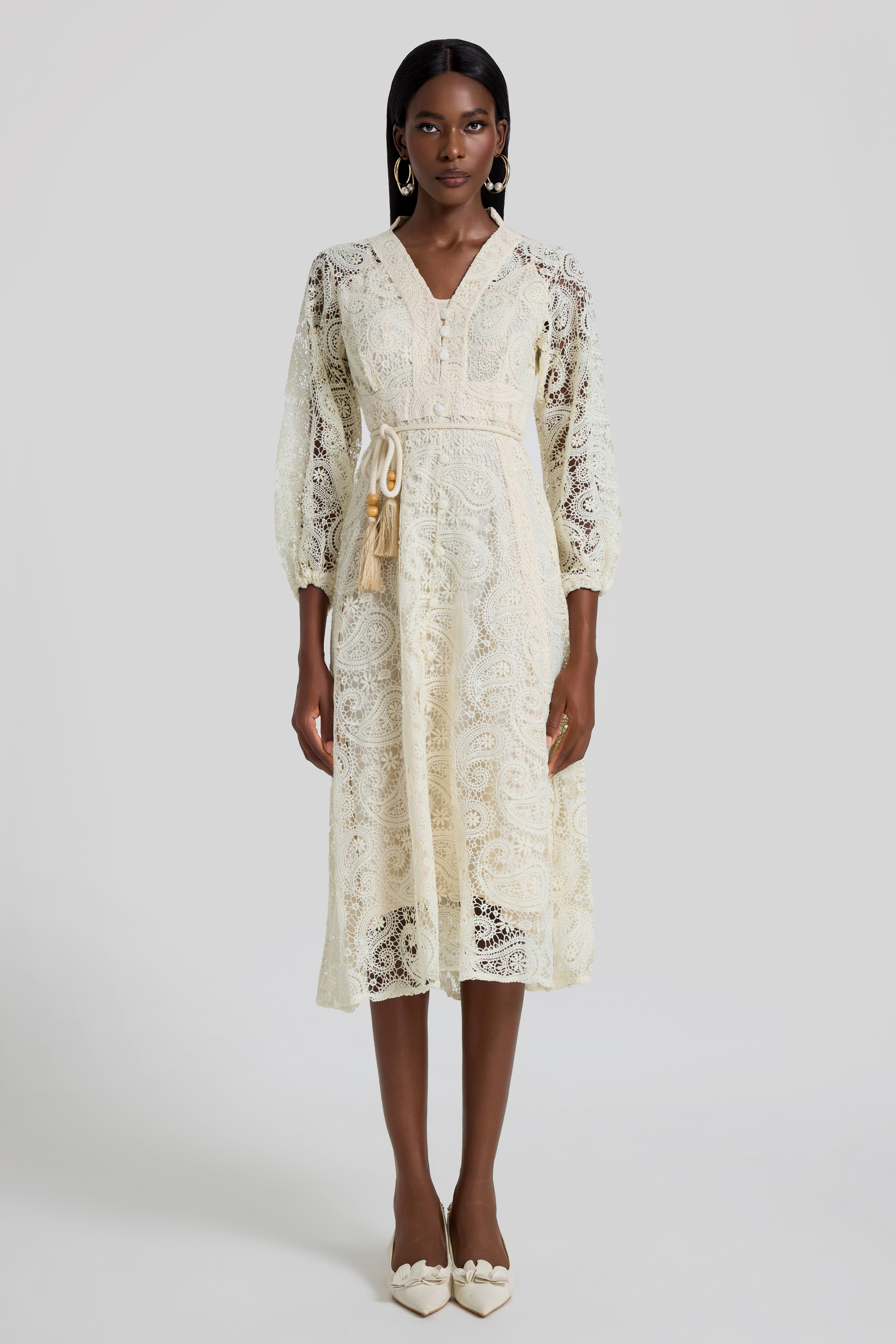 Lace Lantern Sleeve Lace Up Midi Dress