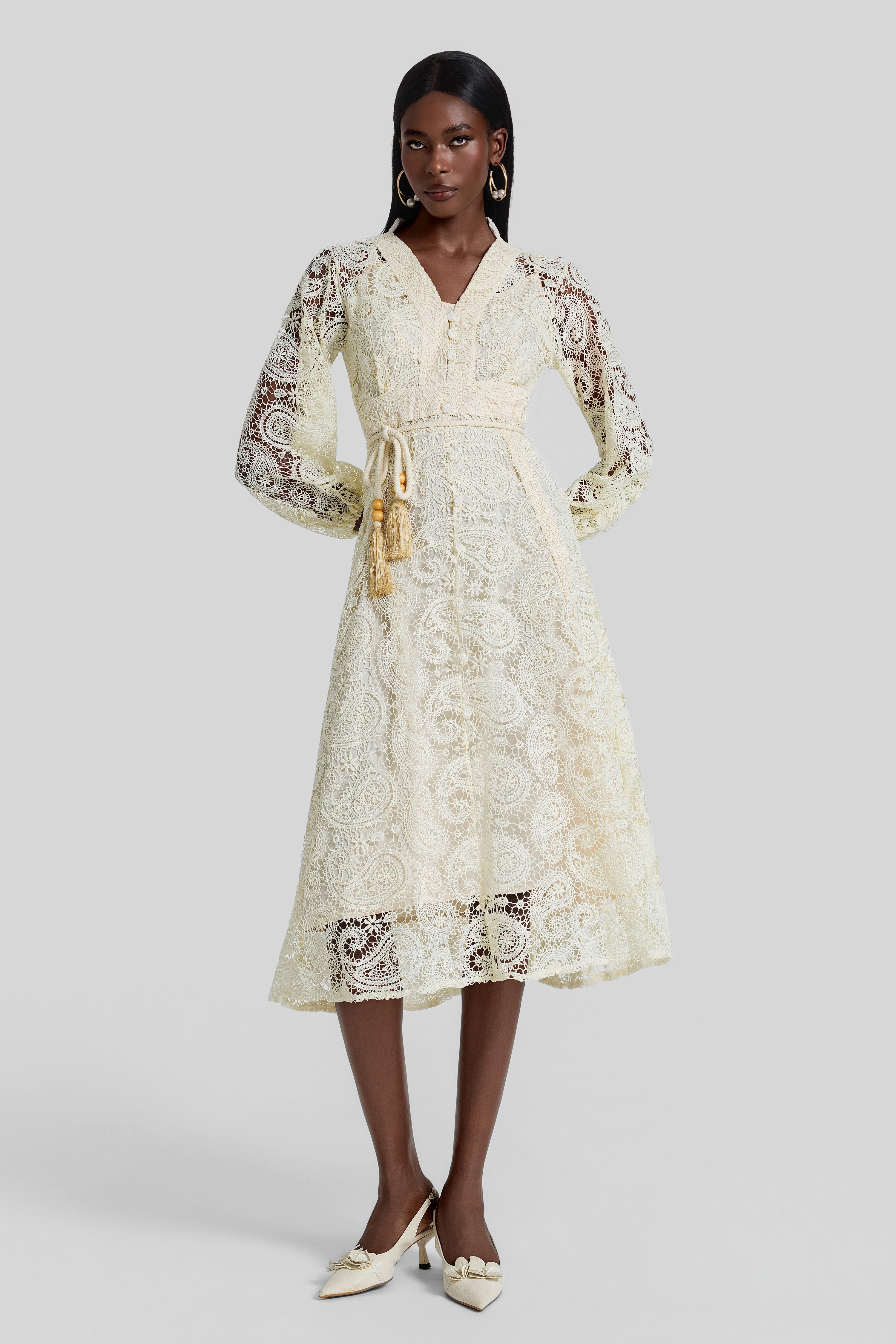 Lace Lantern Sleeve Lace Up Midi Dress