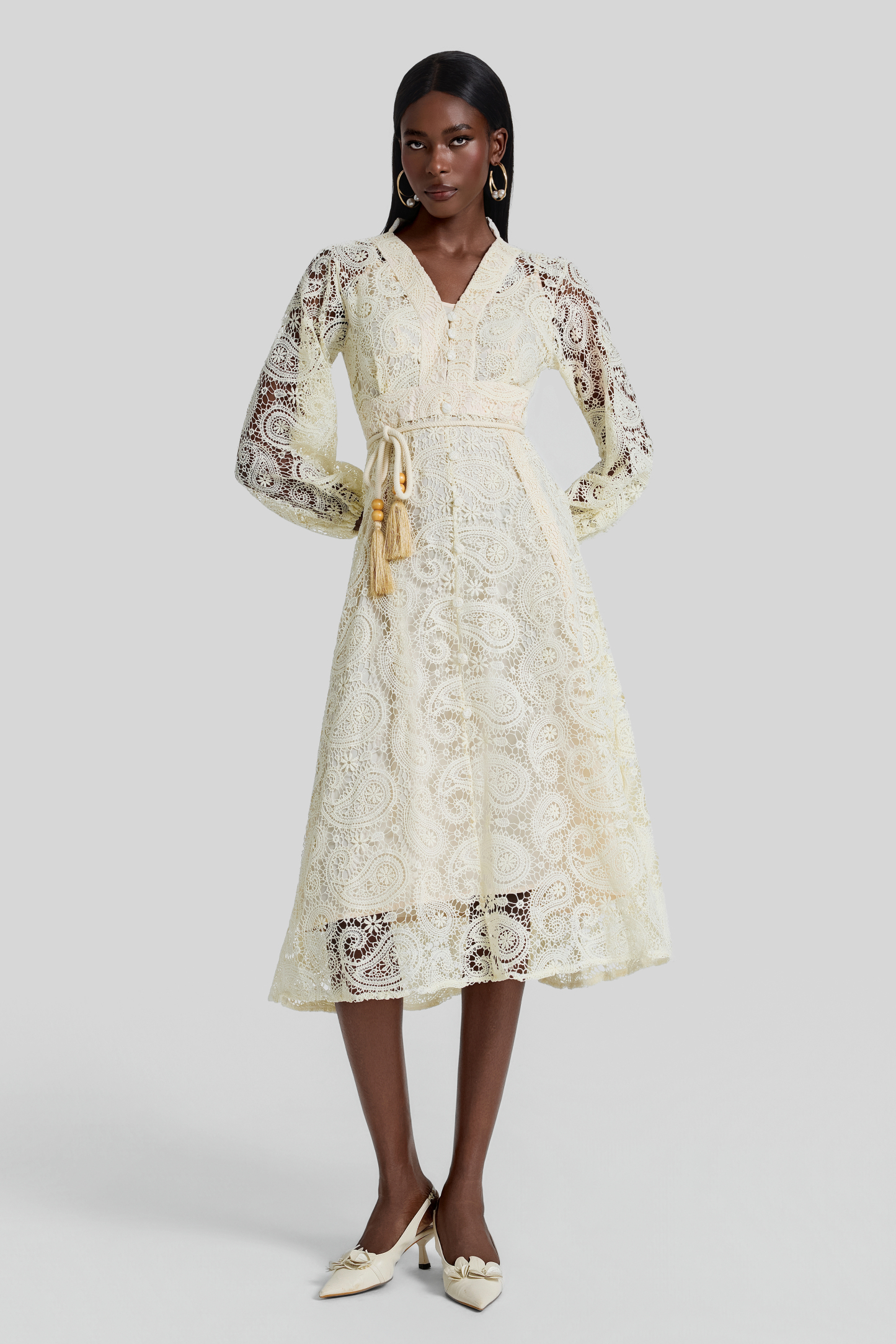 Lace Lantern Sleeve Lace Up Midi Dress
