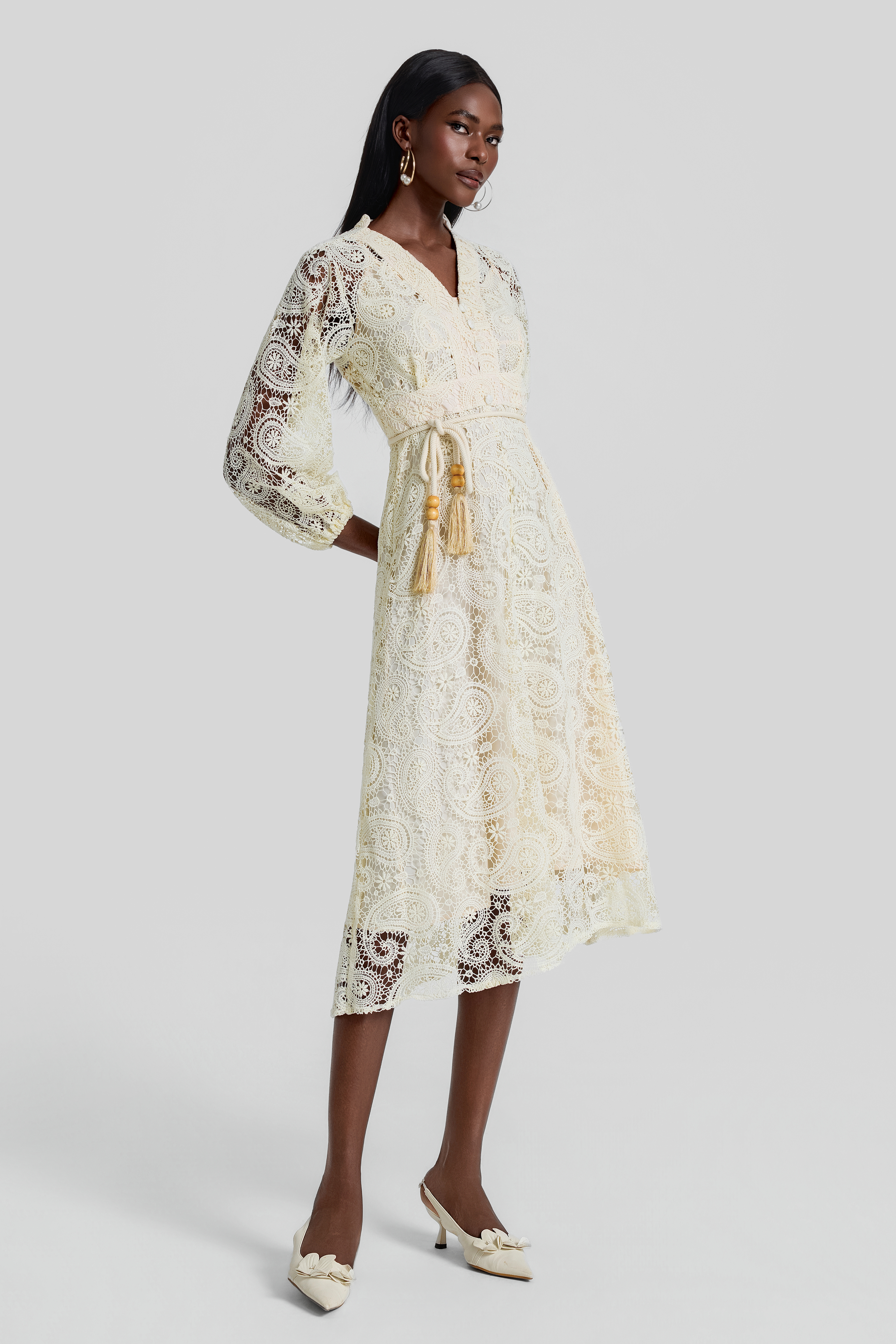 Lace Lantern Sleeve Lace Up Midi Dress