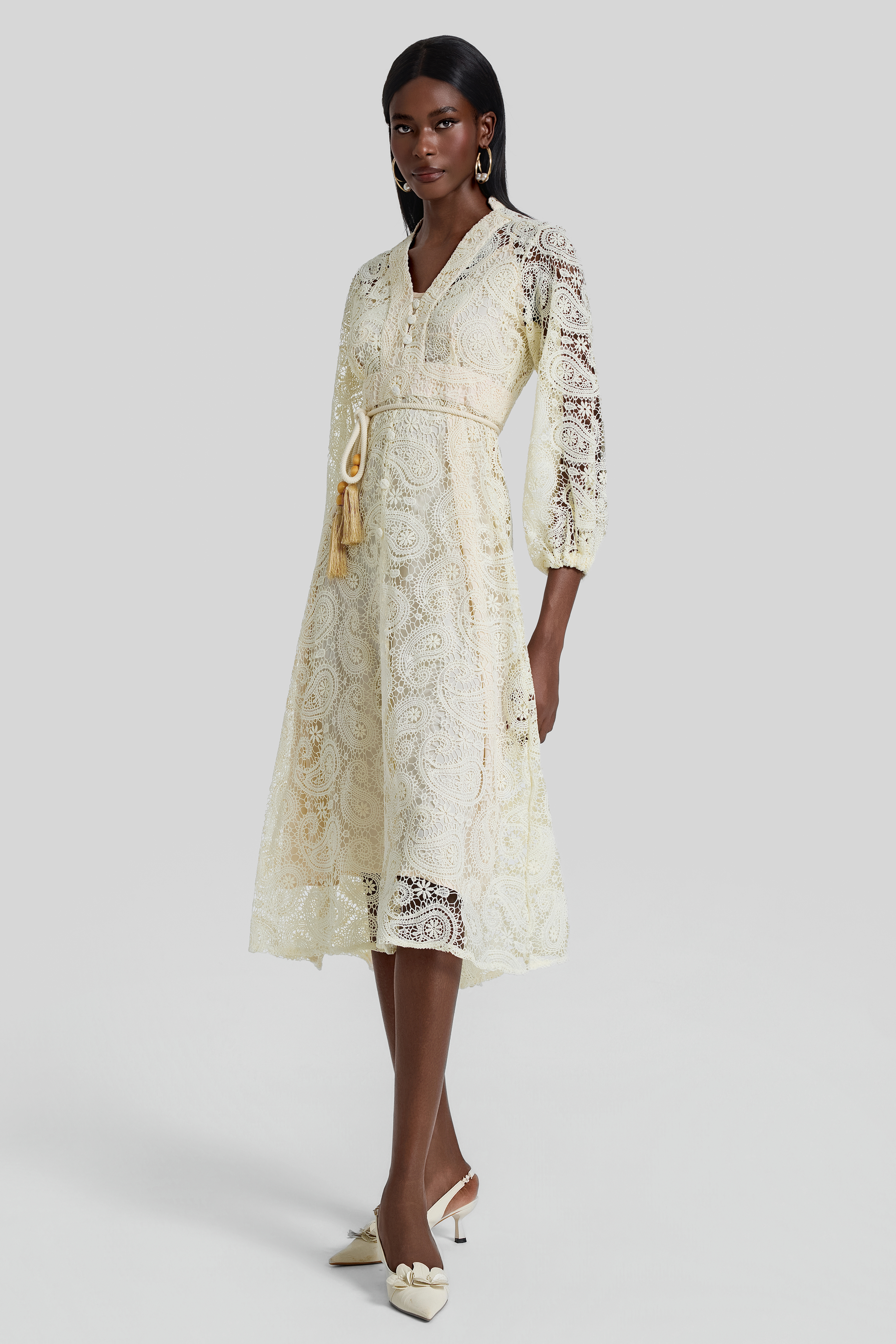 Lace Lantern Sleeve Lace Up Midi Dress