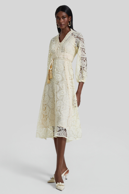 Lace Lantern Sleeve Lace Up Midi Dress