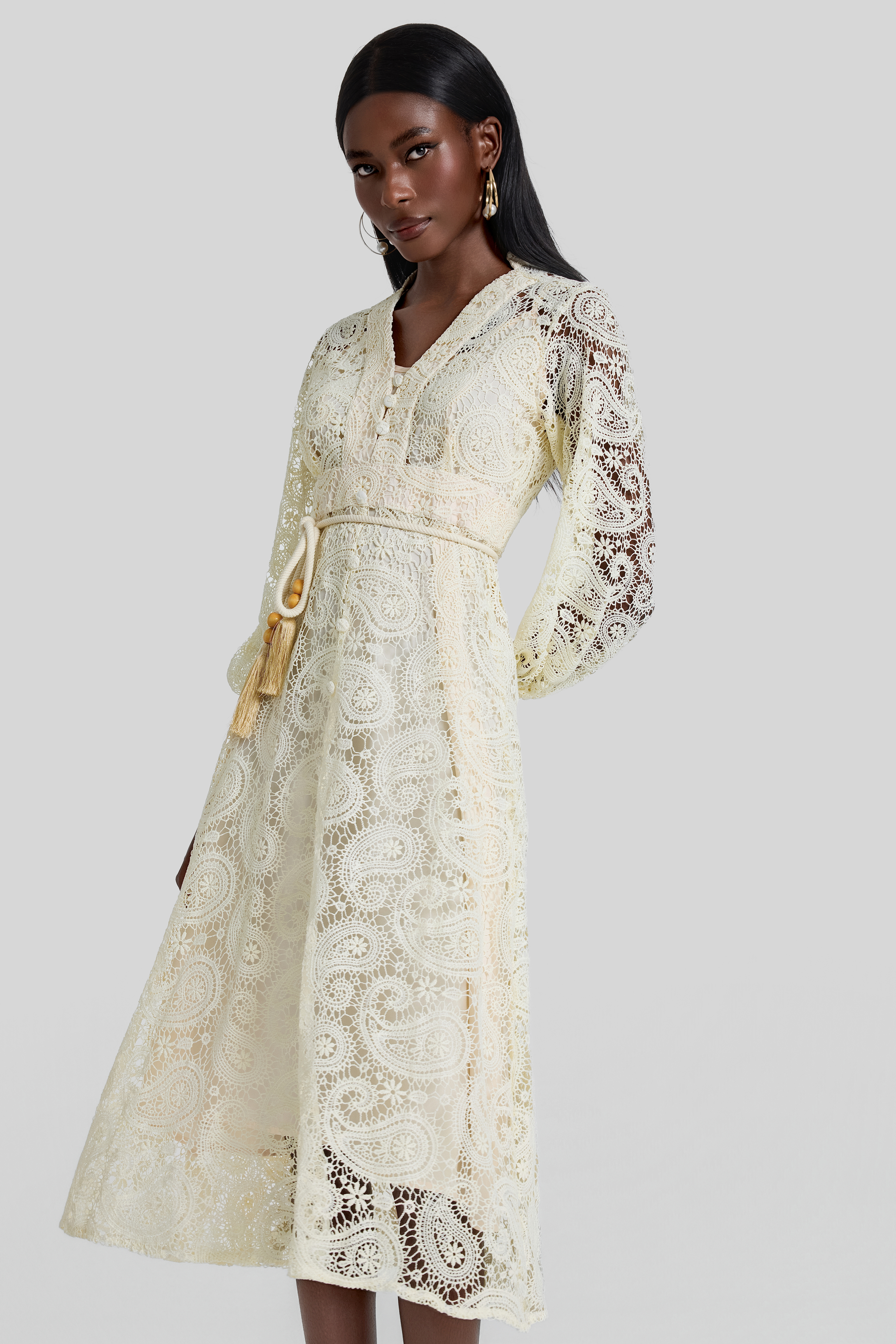 Lace Lantern Sleeve Lace Up Midi Dress