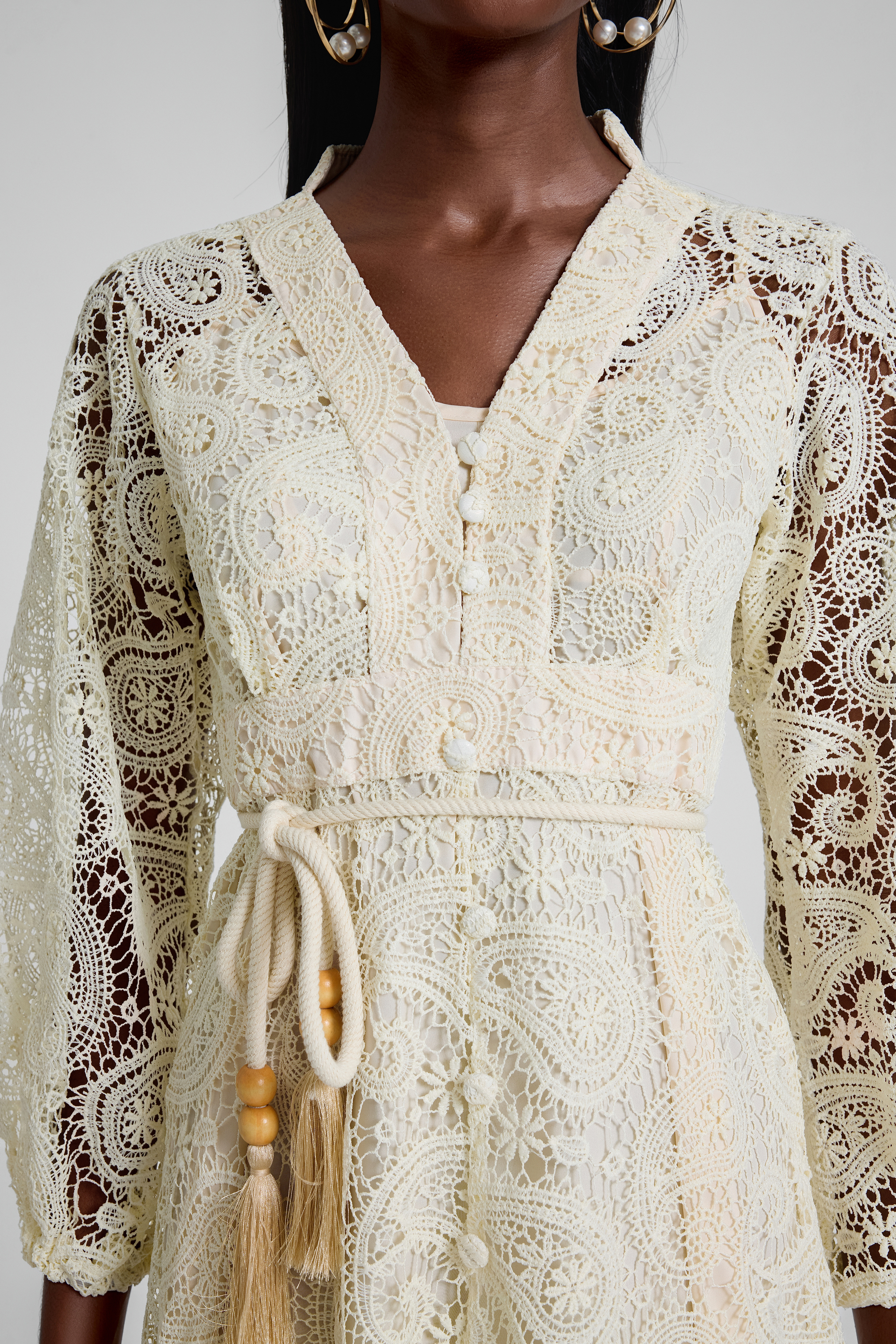 Lace Lantern Sleeve Lace Up Midi Dress