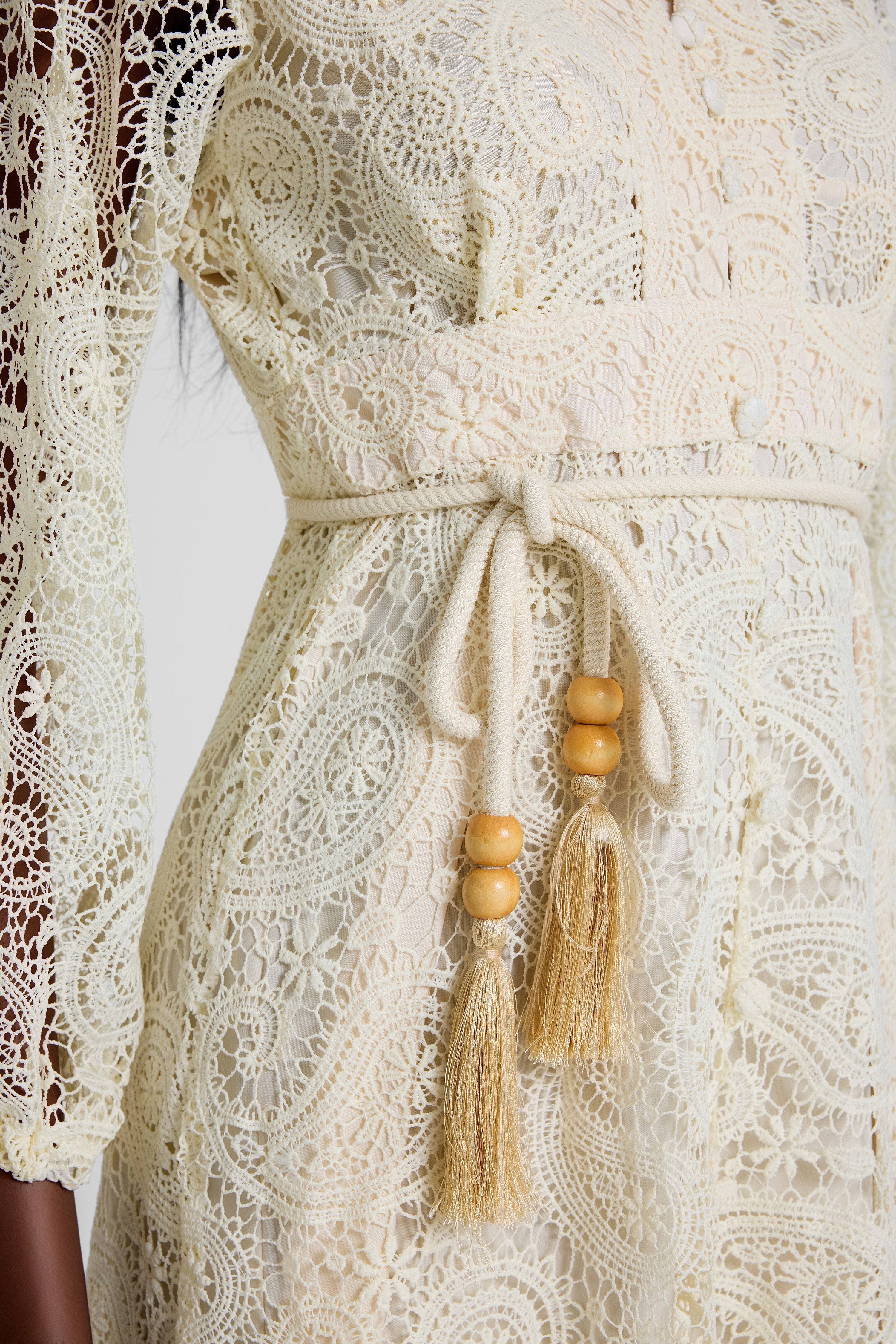 Lace Lantern Sleeve Lace Up Midi Dress