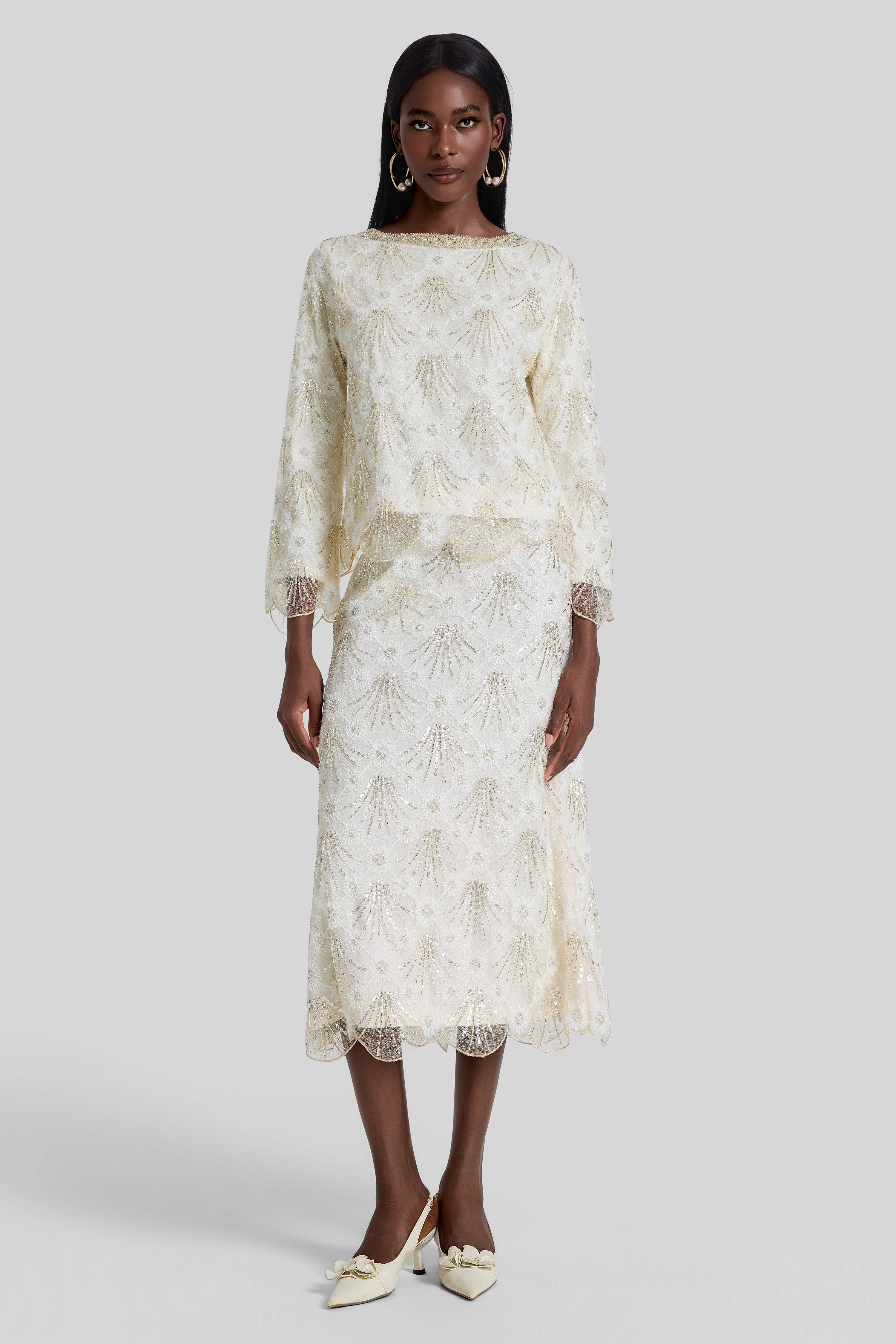 Nail Bead Embroidery Top & Low Waist Midi Skirt Set