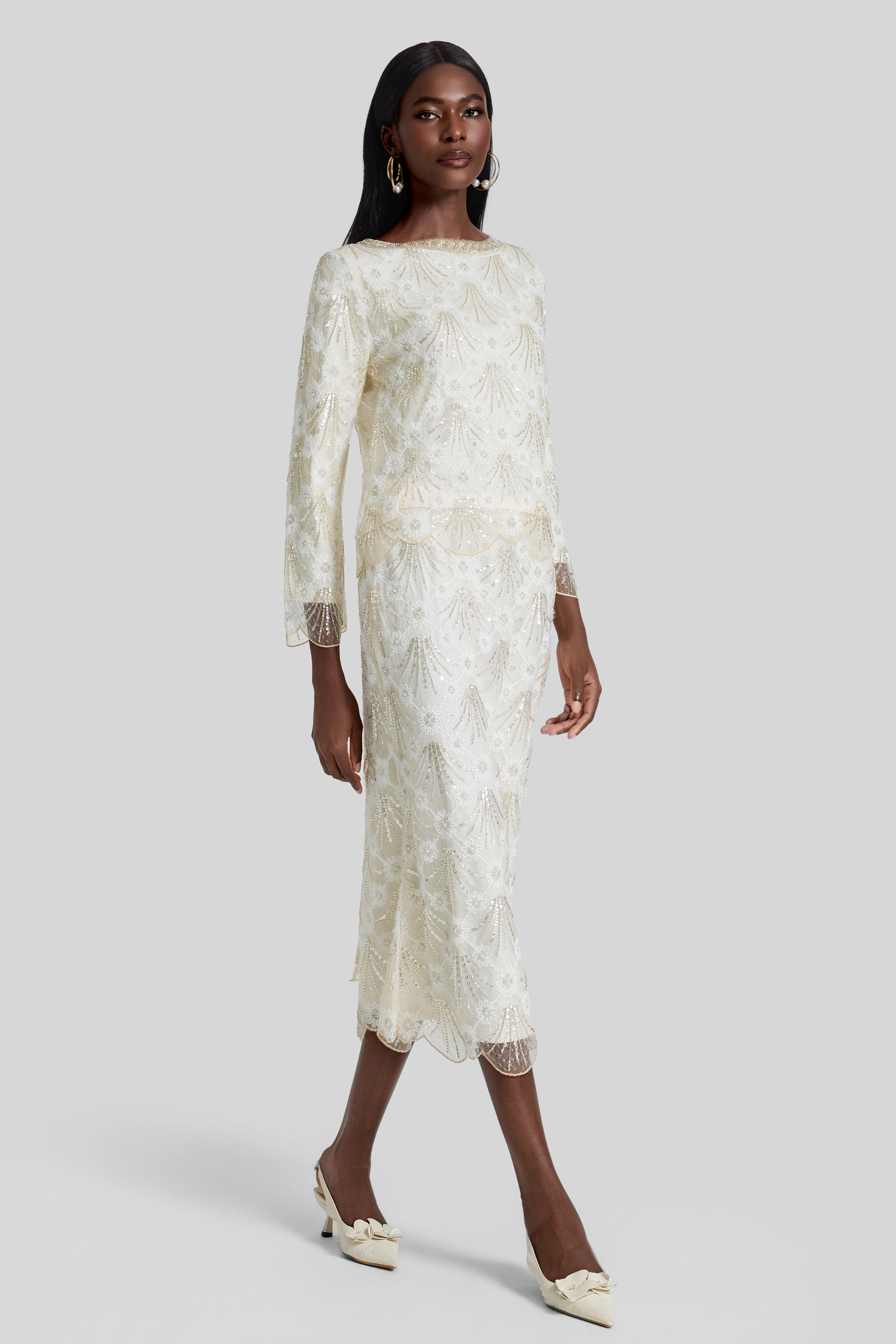 Nail Bead Embroidery Top & Low Waist Midi Skirt Set