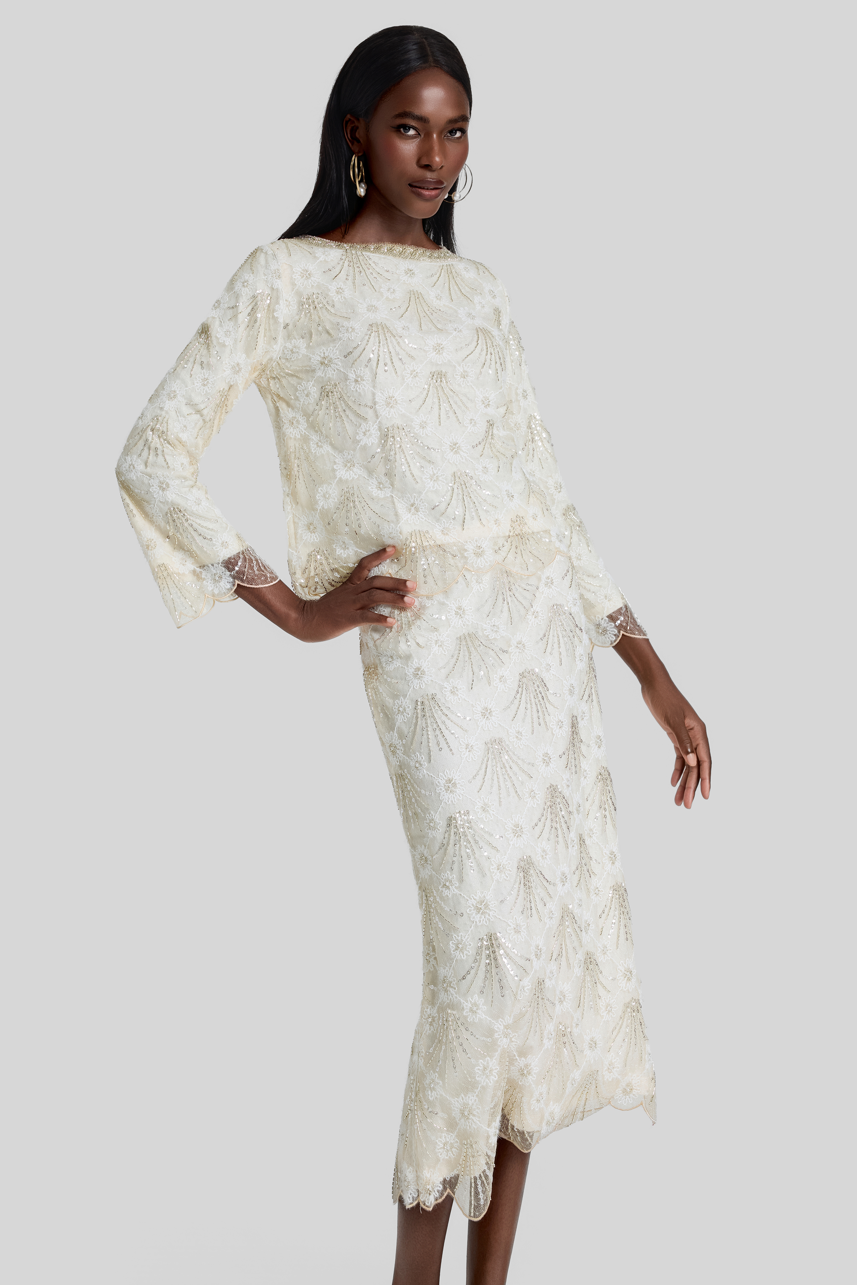 Nail Bead Embroidery Top & Low Waist Midi Skirt Set