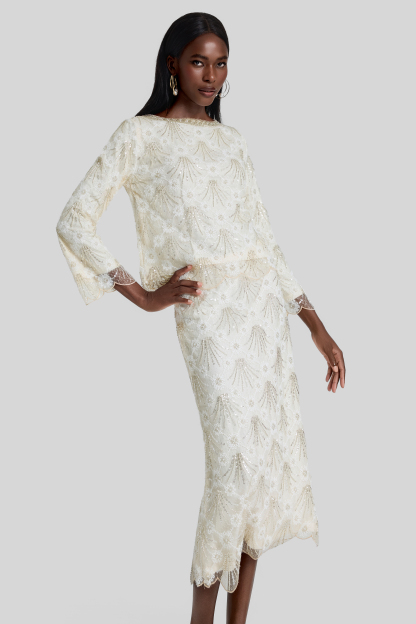 Nail Bead Embroidery Top & Low Waist Midi Skirt Set