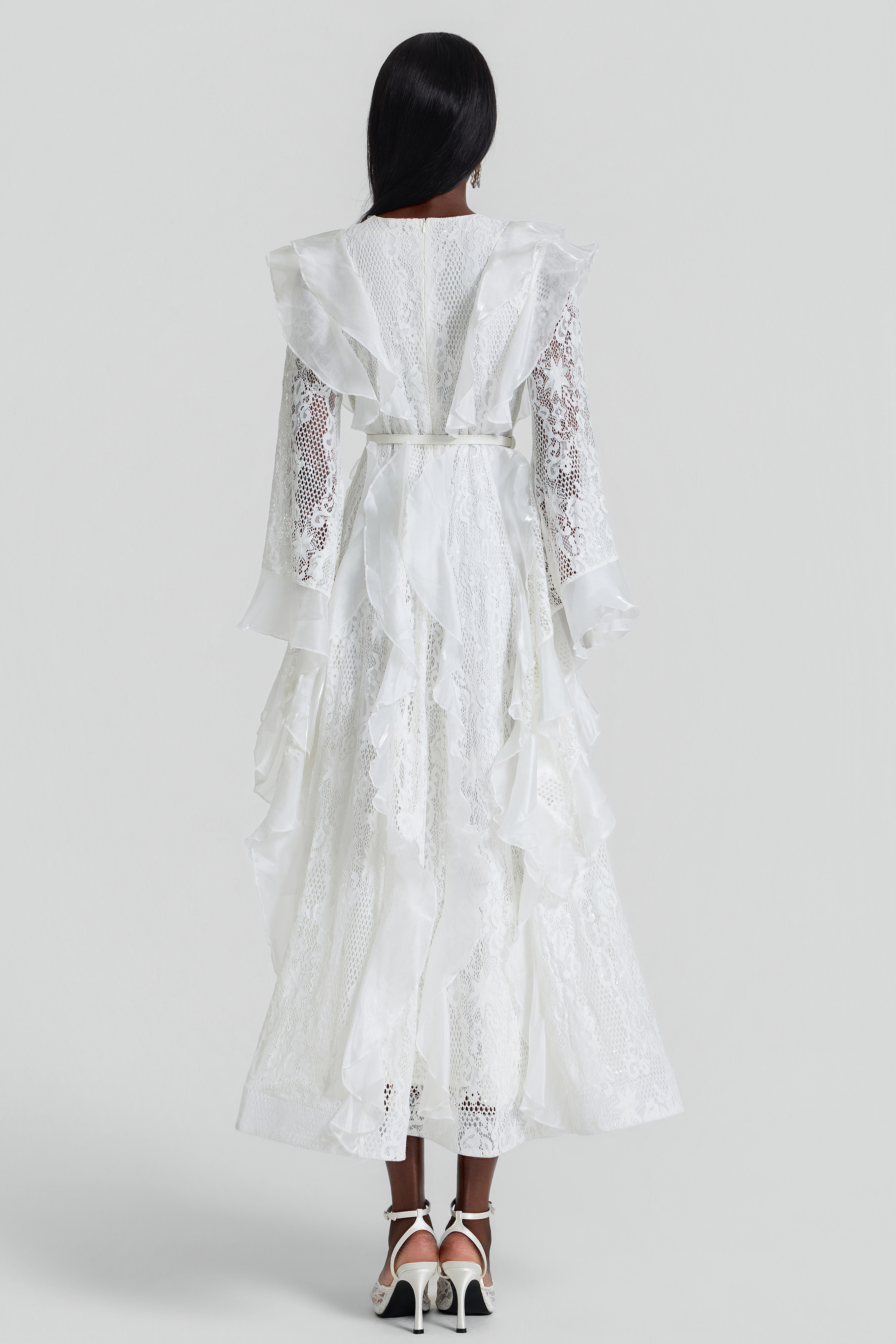 Lace Ruffle Embroidered Midi Dress With Belt