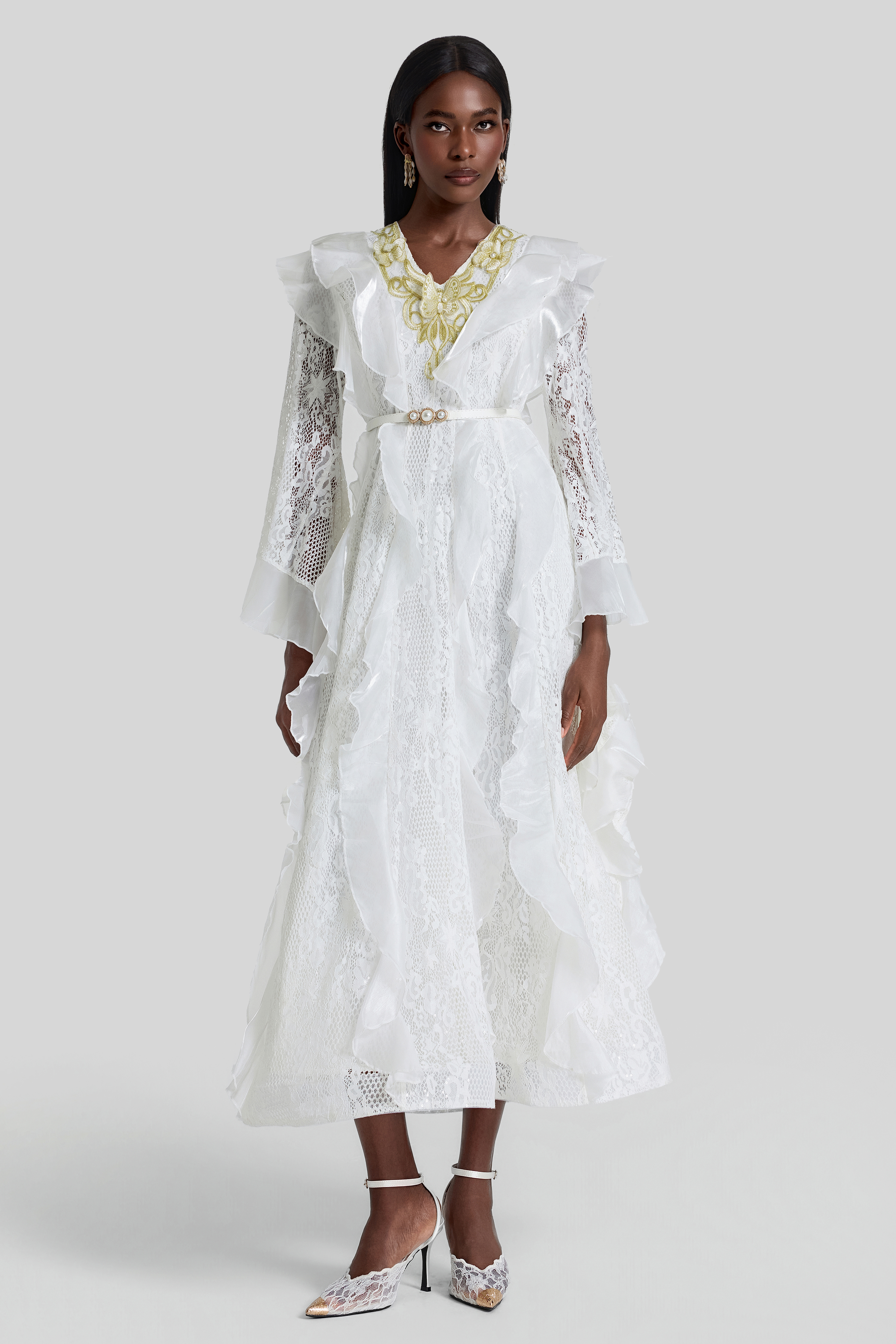 Lace Ruffle Embroidered Midi Dress With Belt