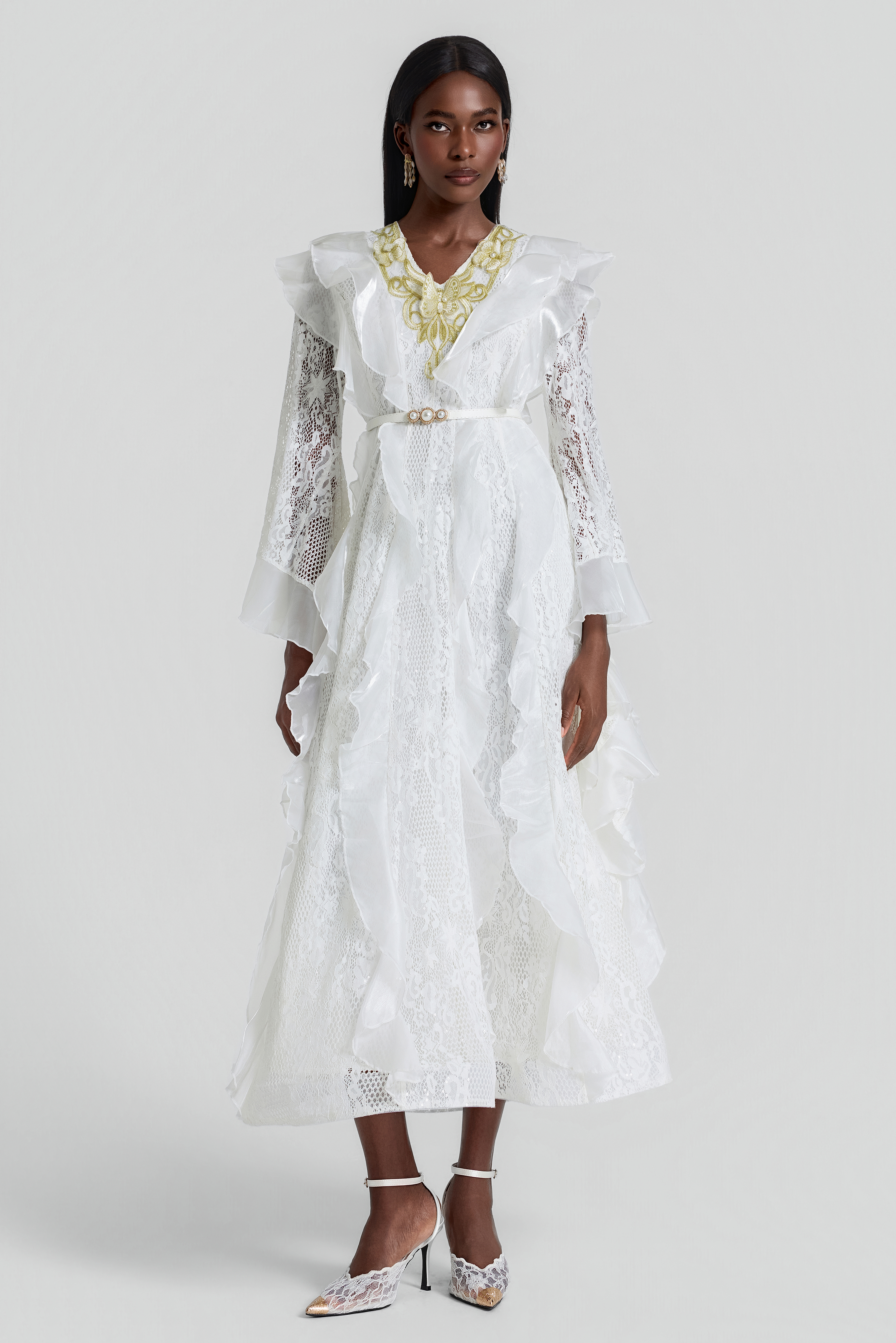 Lace Ruffle Embroidered Midi Dress With Belt