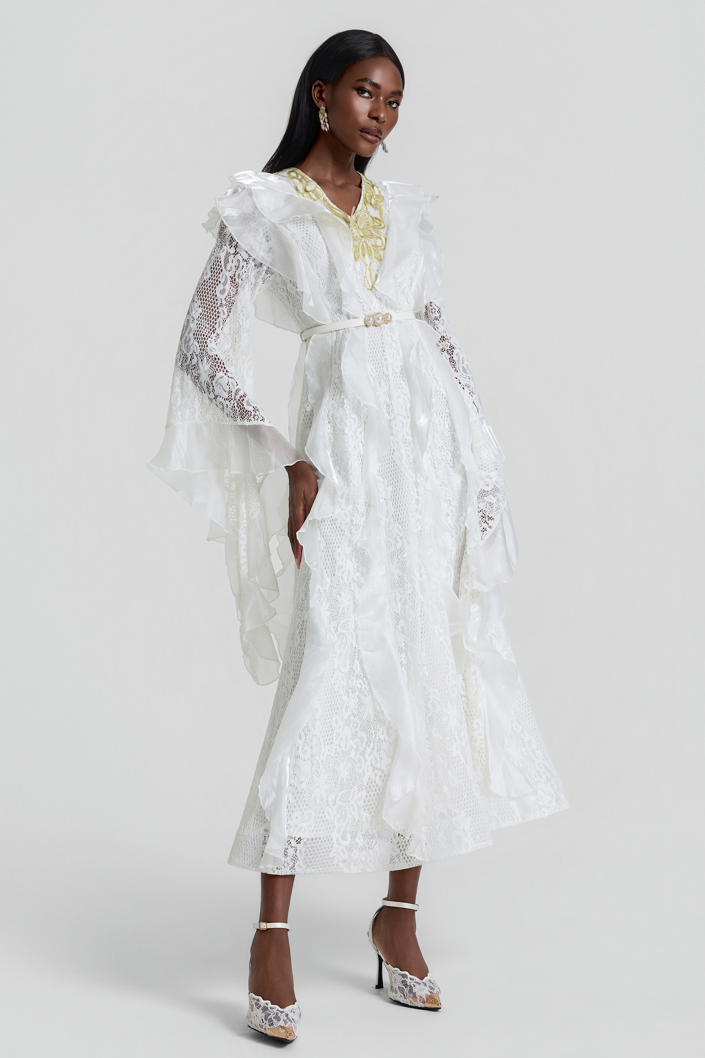 Lace Ruffle Embroidered Midi Dress With Belt