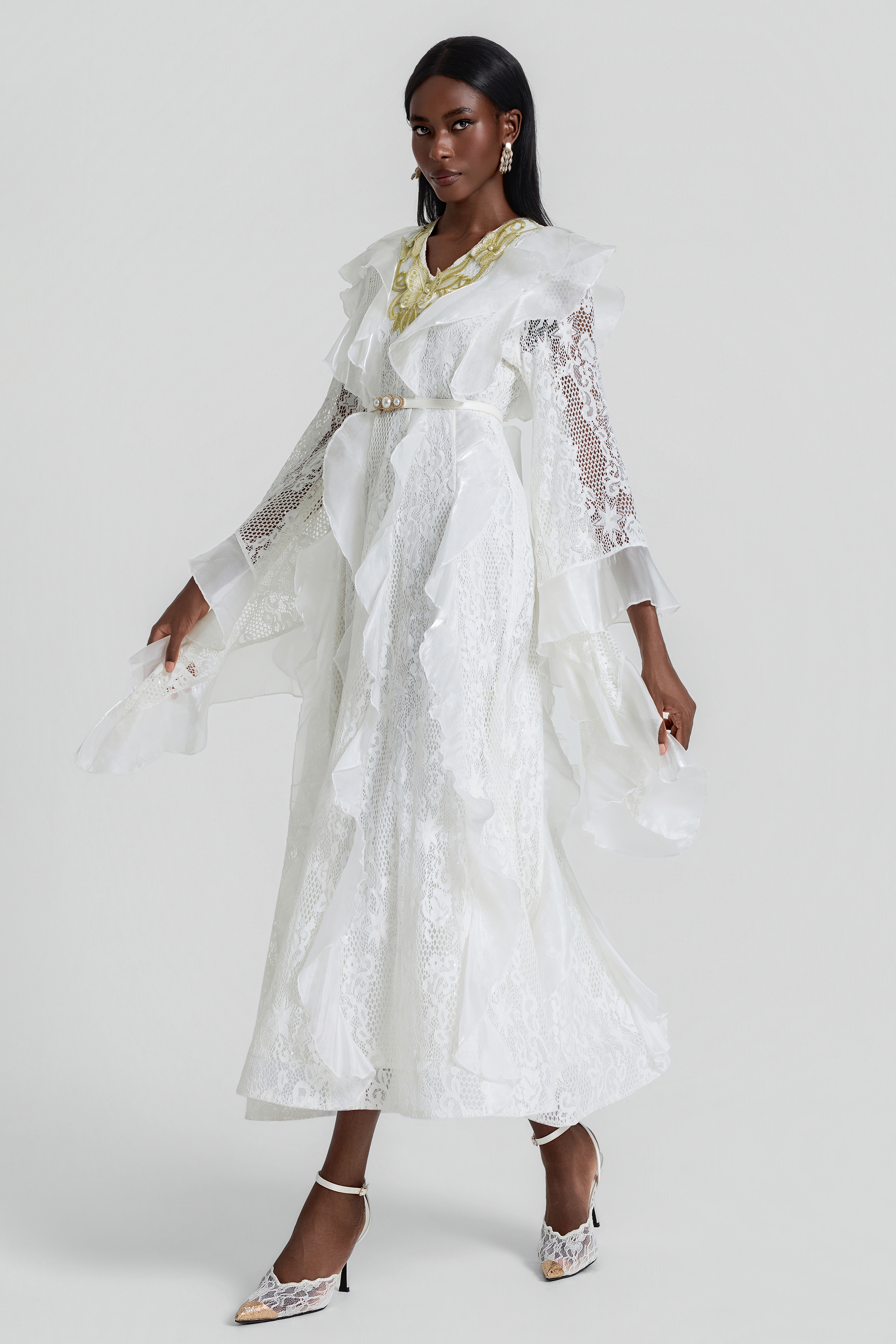 Lace Ruffle Embroidered Midi Dress With Belt