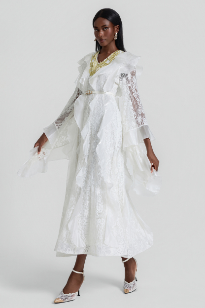 Lace Ruffle Embroidered Midi Dress With Belt