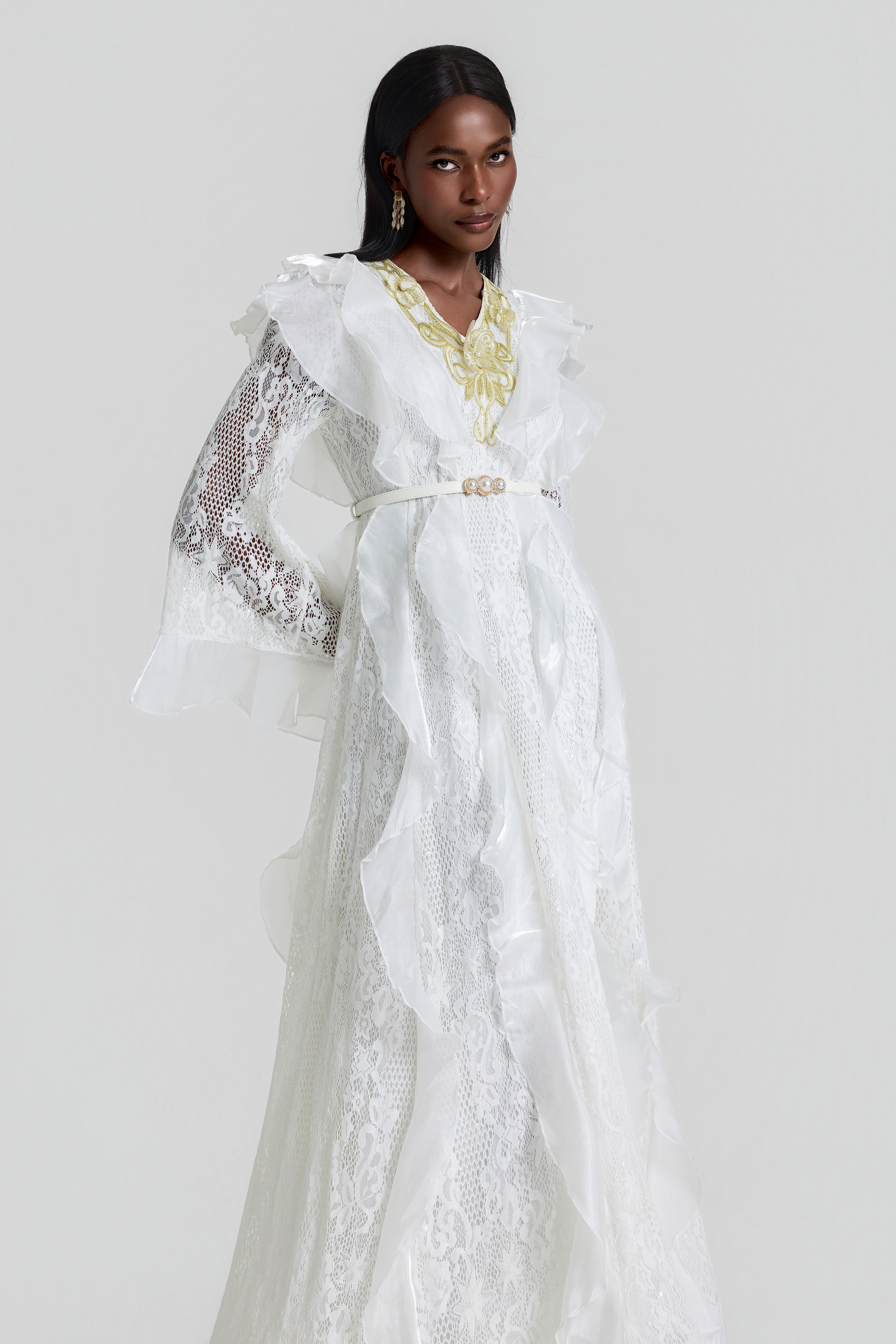 Lace Ruffle Embroidered Midi Dress With Belt