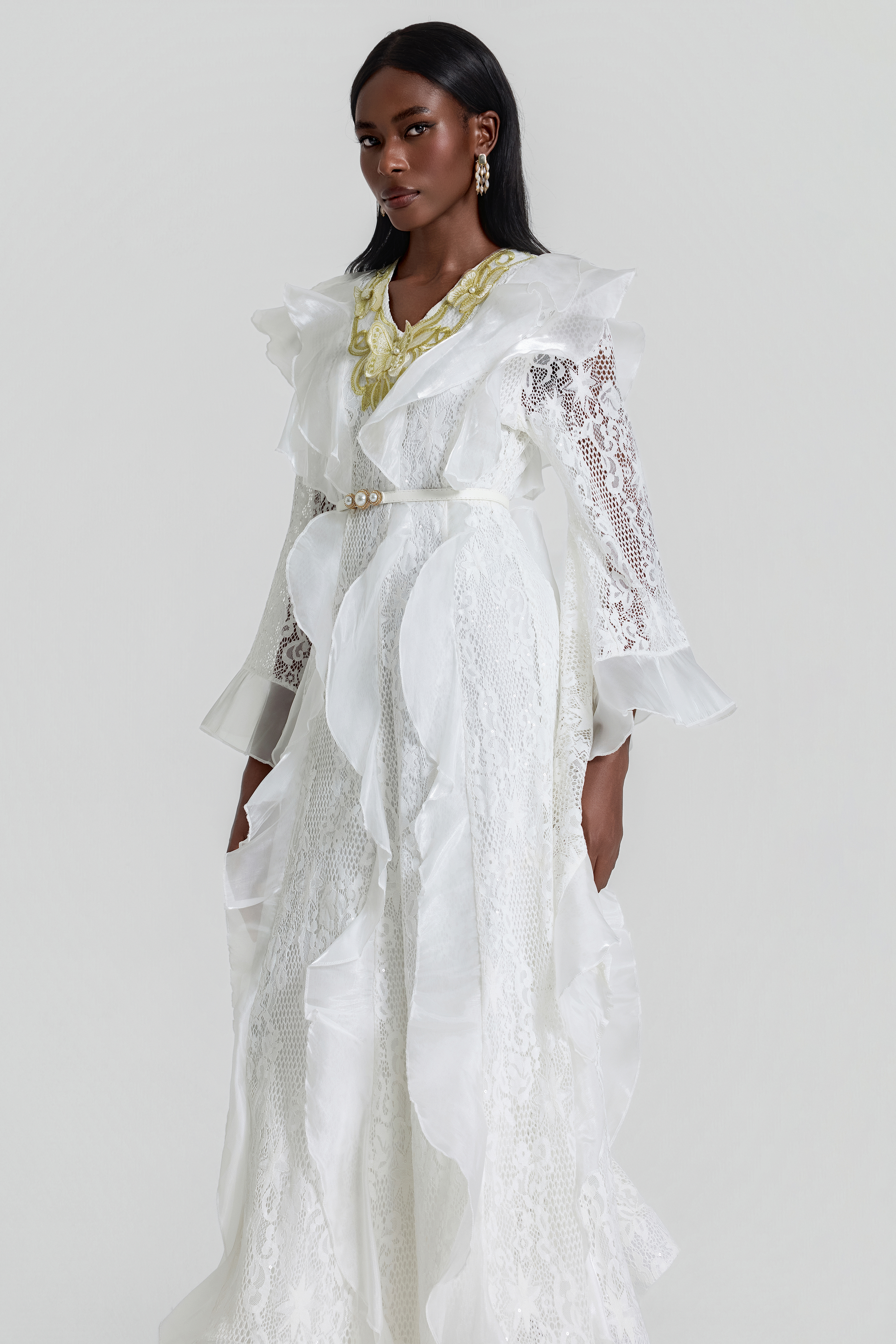 Lace Ruffle Embroidered Midi Dress With Belt