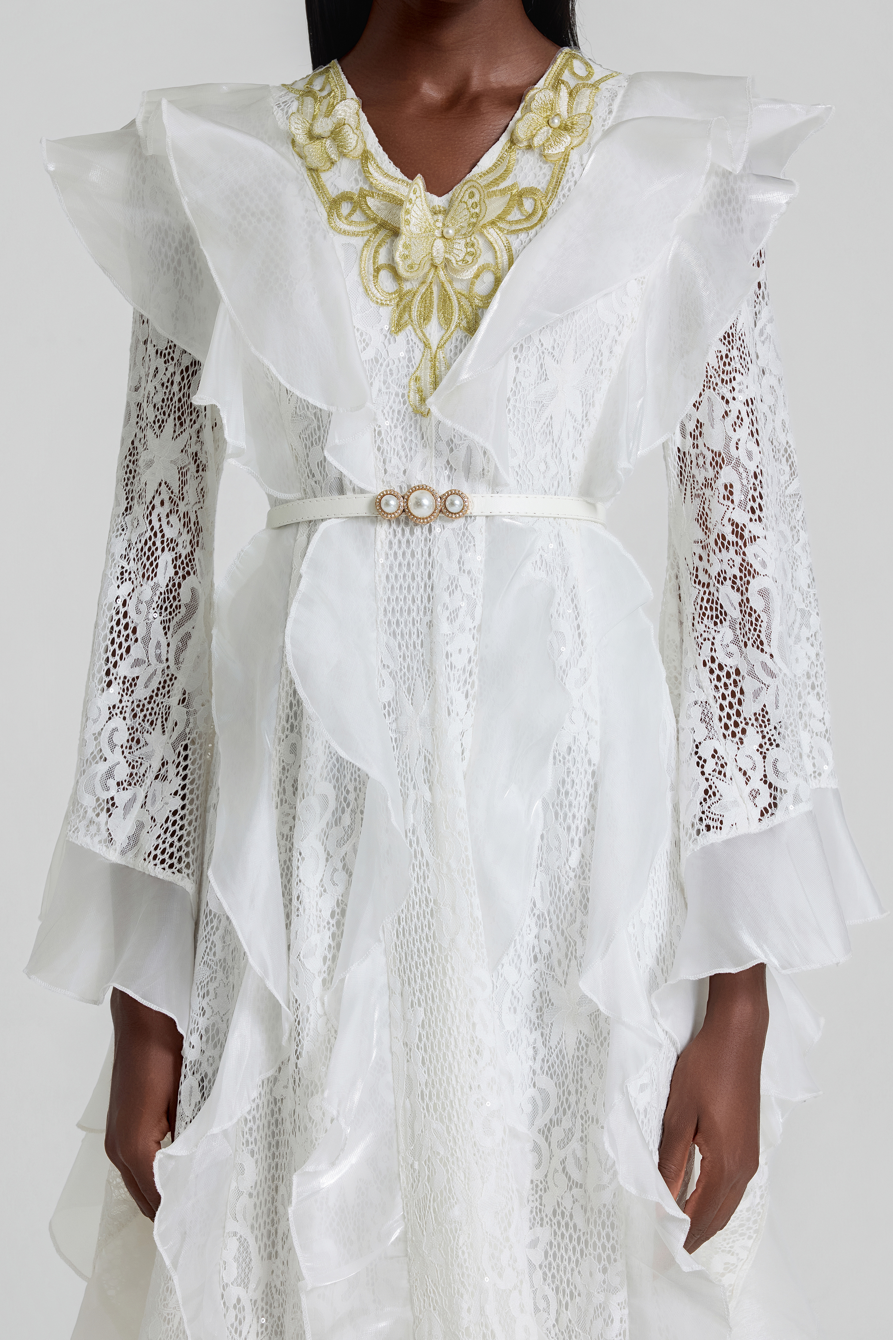 Lace Ruffle Embroidered Midi Dress With Belt