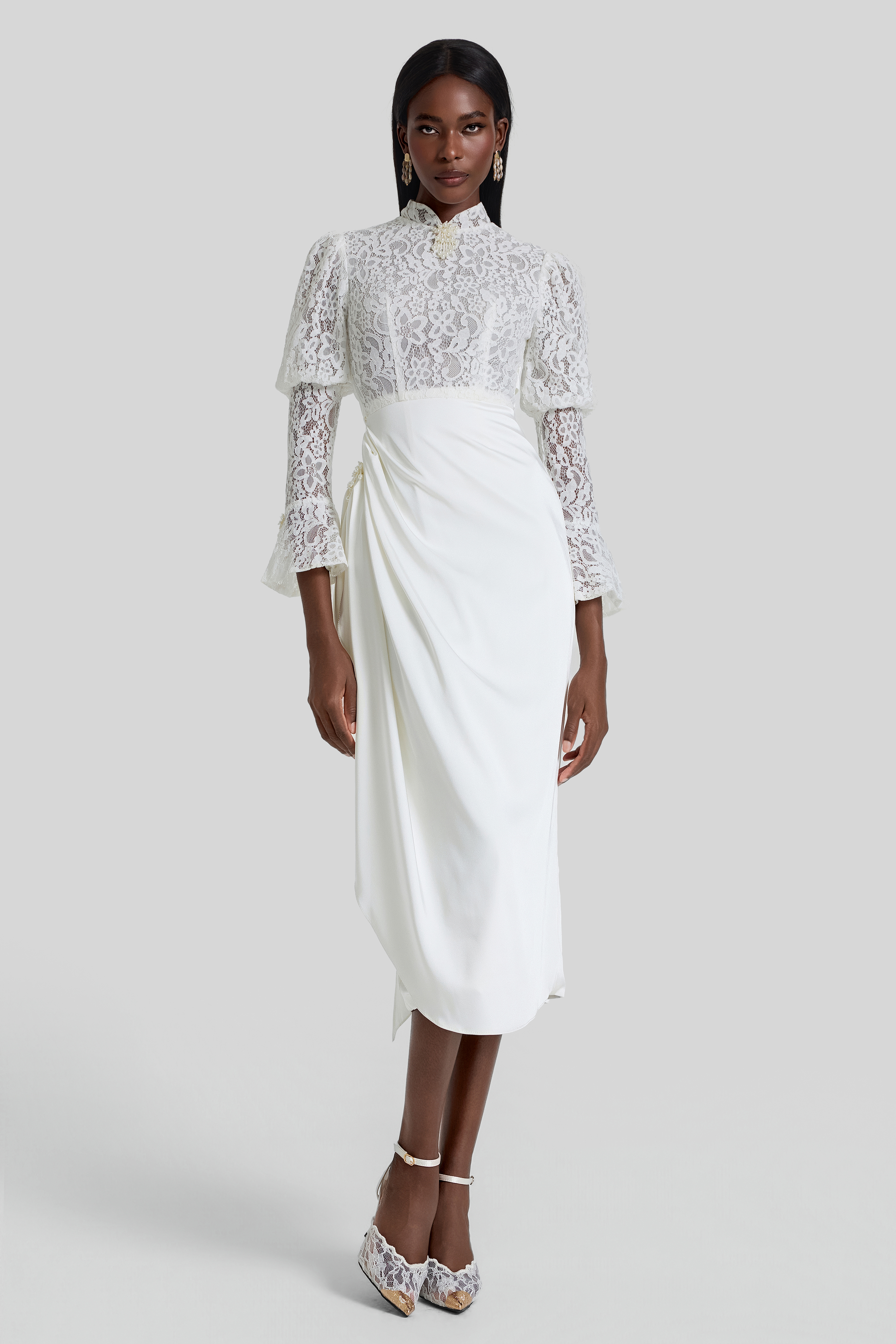 Lace Splicing Pleated Midi Dress