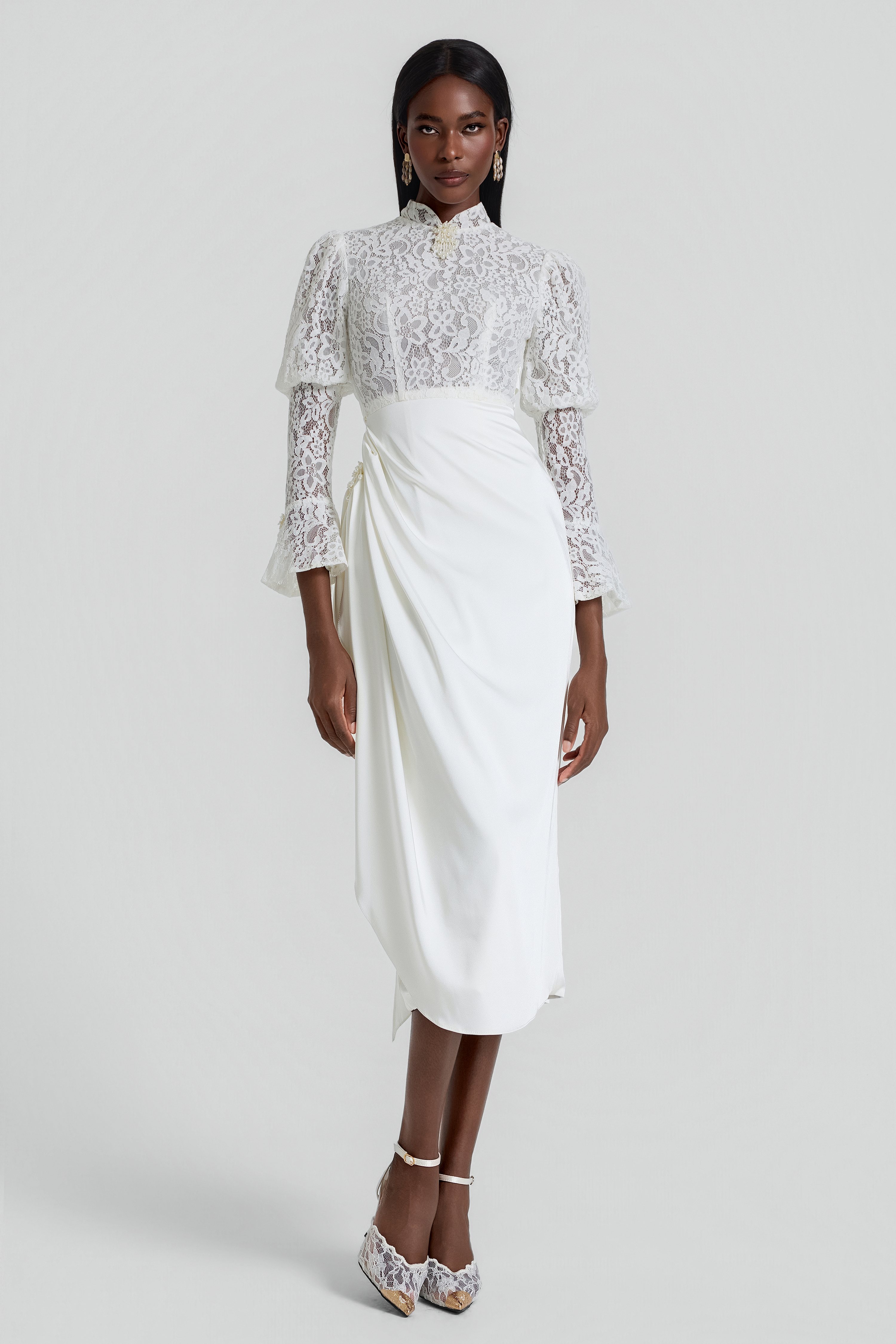 Lace Splicing Pleated Midi Dress