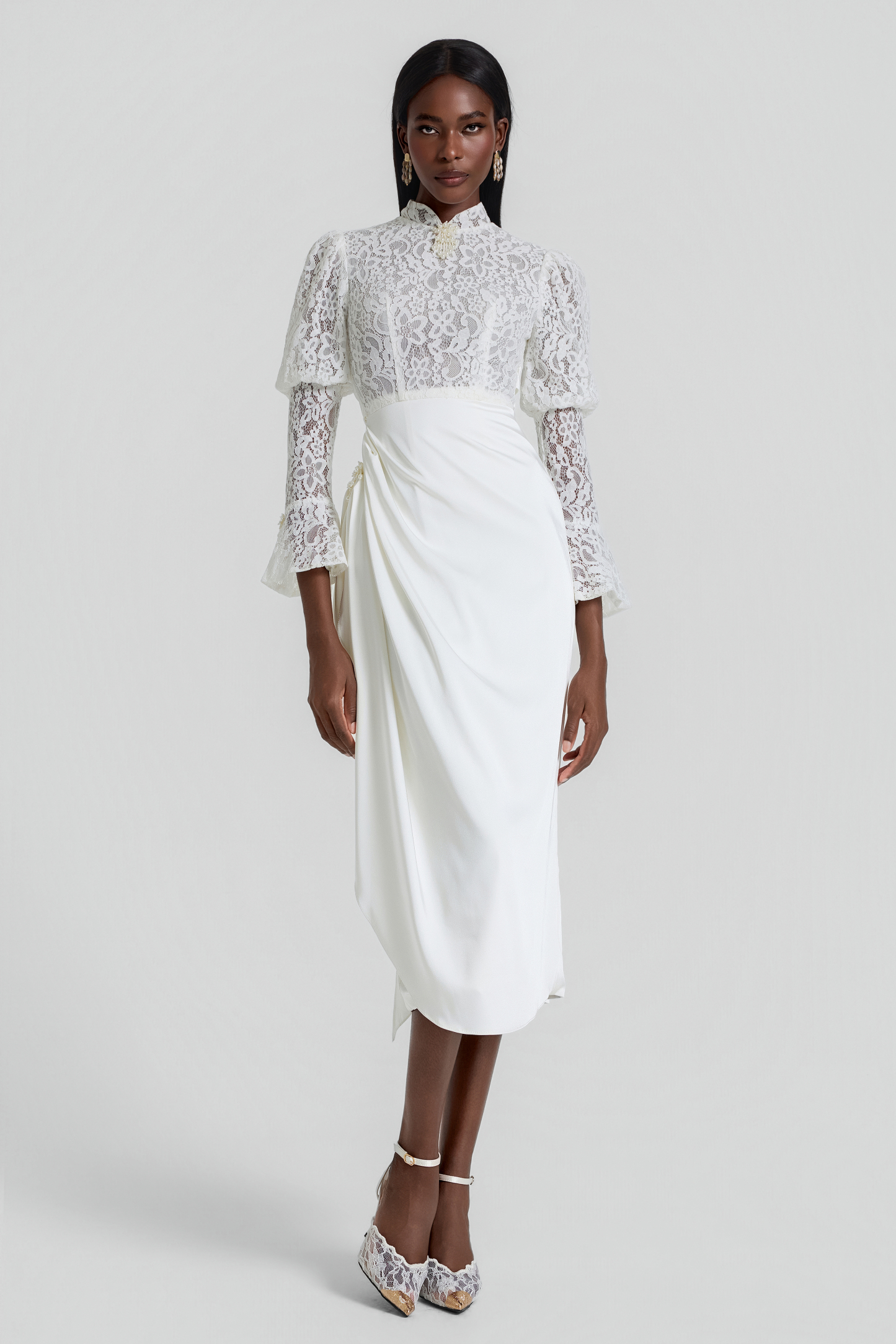 Lace Splicing Pleated Midi Dress
