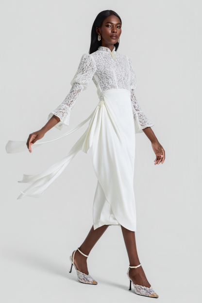 Lace Splicing Pleated Midi Dress