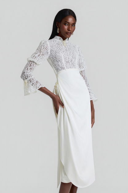Lace Splicing Pleated Midi Dress