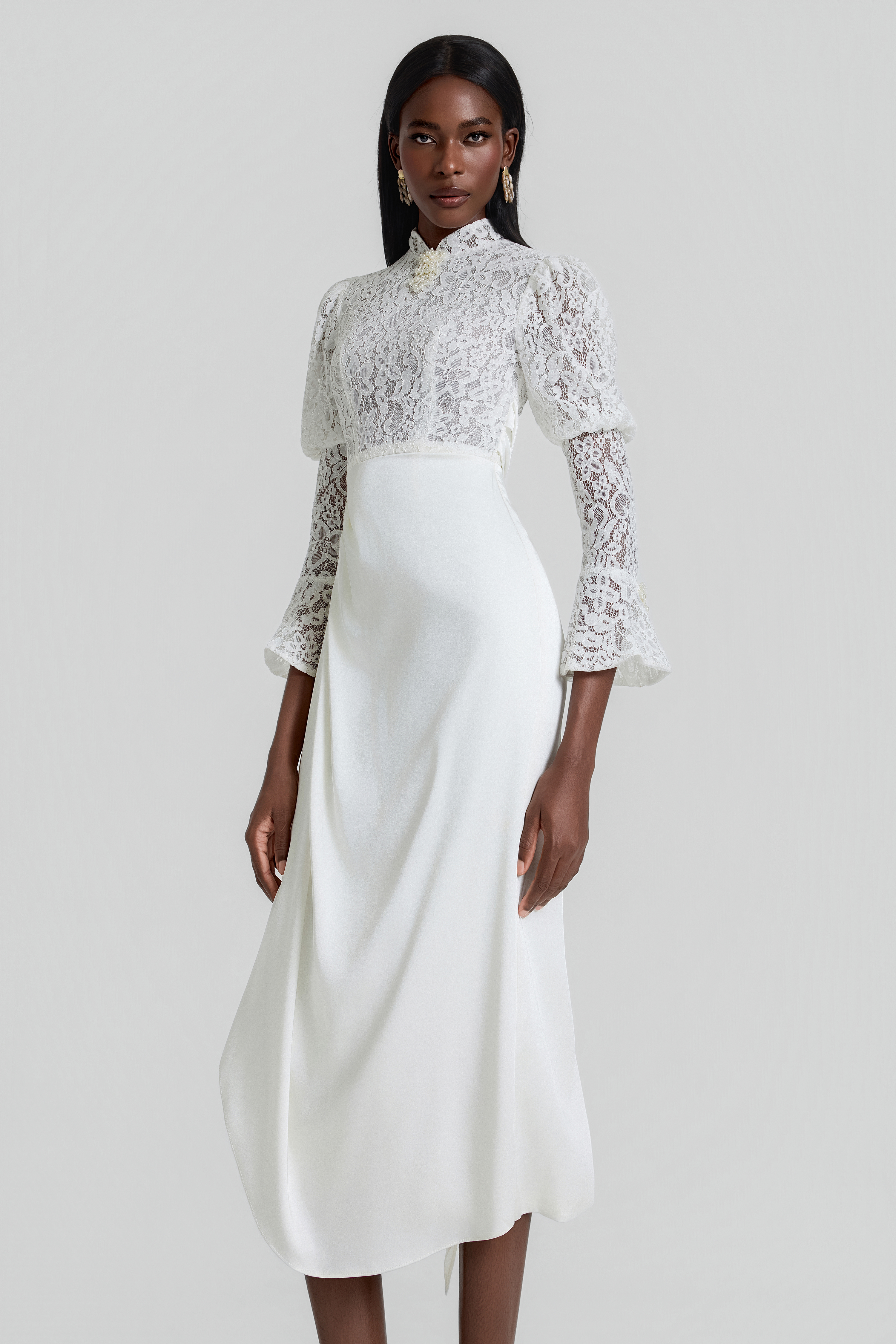 Lace Splicing Pleated Midi Dress