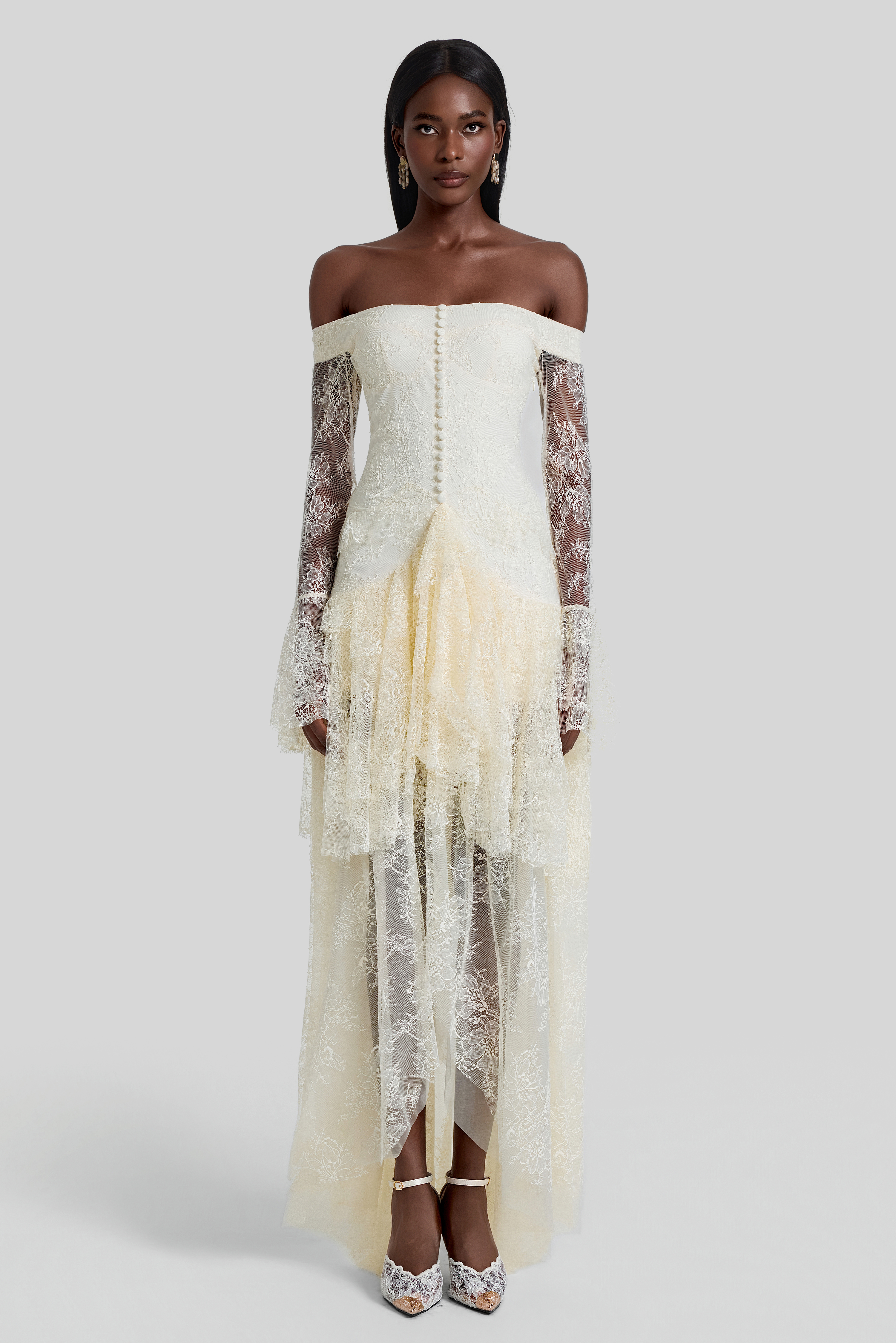 Lace Off Shoulder Ruffle Maxi Dress