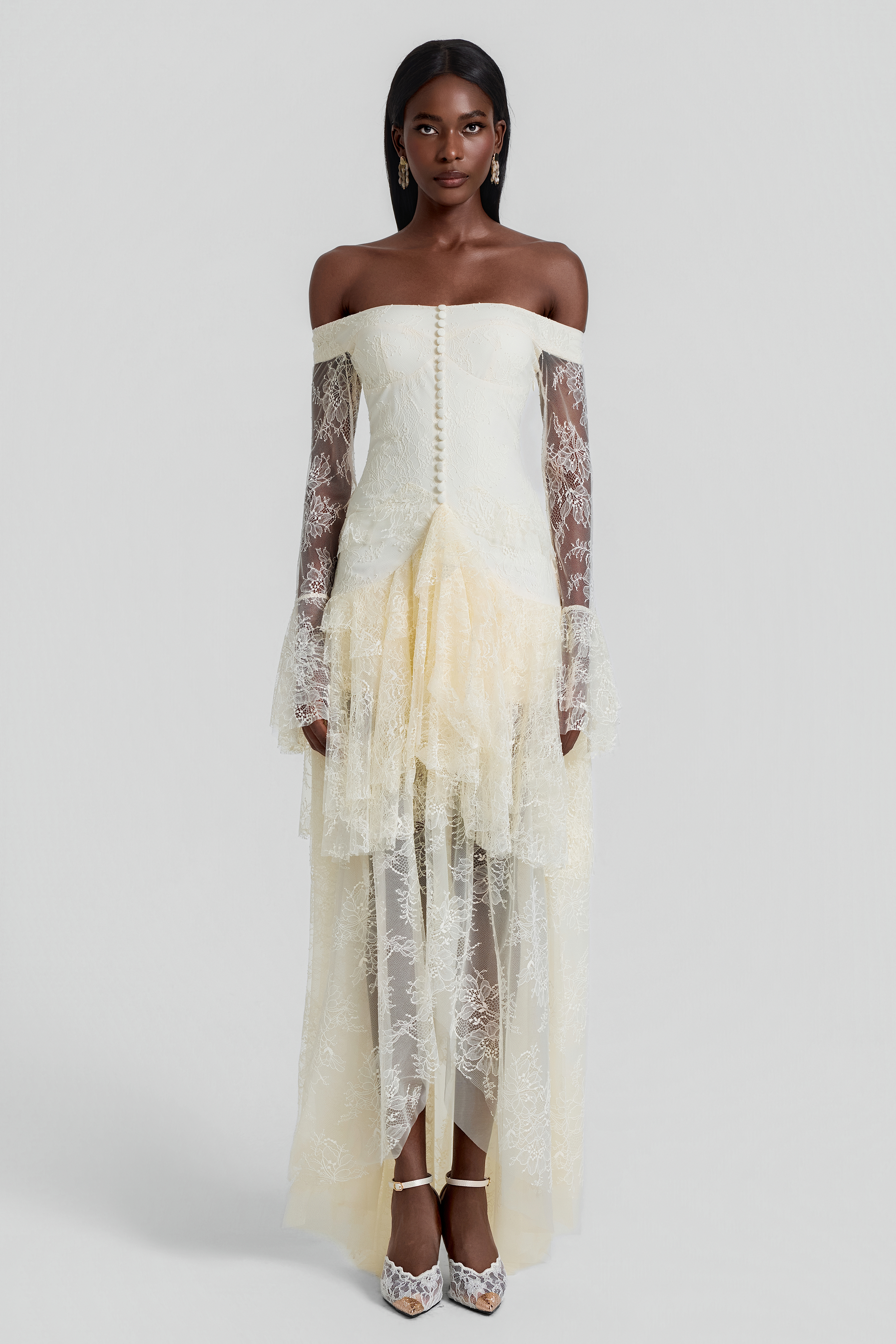 Lace Off Shoulder Ruffle Maxi Dress